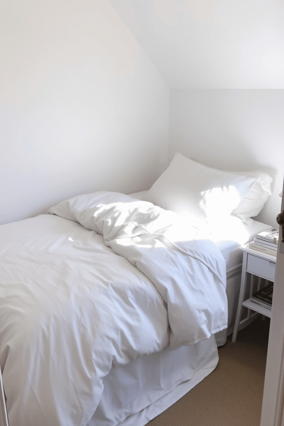 A cozy bedroom featuring light-colored bedding in soft whites and pastels. The bed is adorned with fluffy pillows and a lightweight quilt, creating a fresh and inviting atmosphere. In the corner, a small nightstand holds a delicate lamp and a stack of books. The walls are painted in a light hue, enhancing the sense of space and brightness in this compact room.