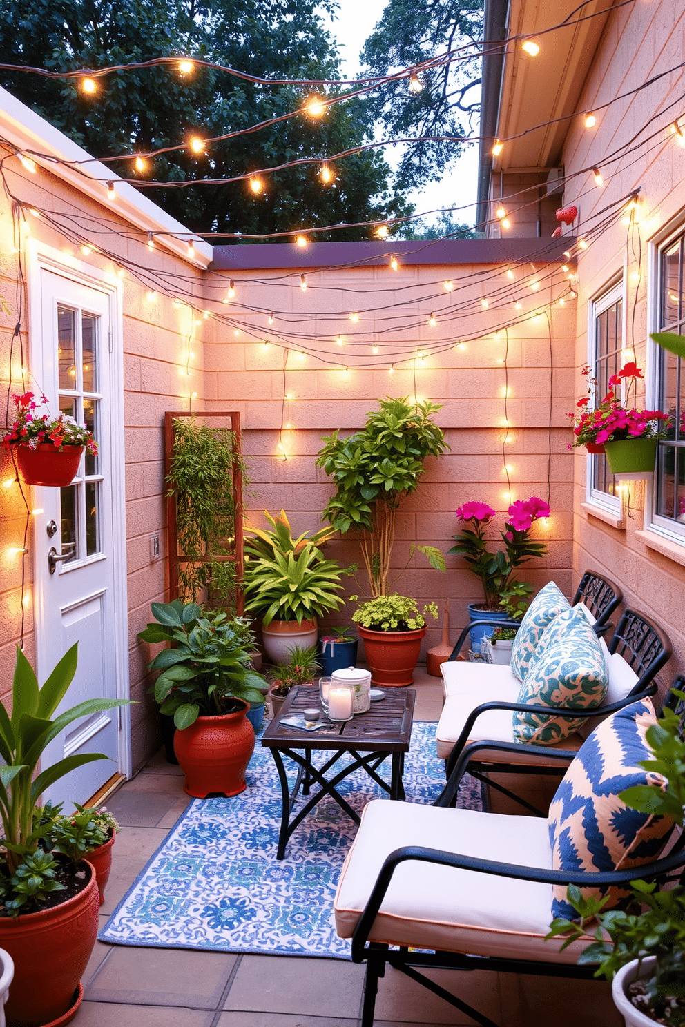 Create a cozy outdoor space adorned with fairy lights strung across a small patio. The warm glow creates an inviting atmosphere perfect for summer evenings. Incorporate vibrant potted plants and colorful cushions to enhance the decor of your small space. Use lightweight furniture that can be easily rearranged to maximize comfort and functionality.