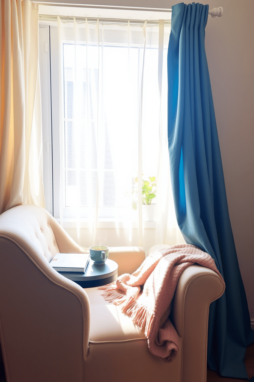 Create a cozy reading nook by the window with a plush armchair upholstered in soft fabric. A small side table holds a stack of books and a steaming cup of tea, while a warm throw blanket drapes over the chair. The window is adorned with light, airy curtains that gently filter sunlight into the space. A potted plant sits on the windowsill, adding a touch of greenery to this inviting corner.