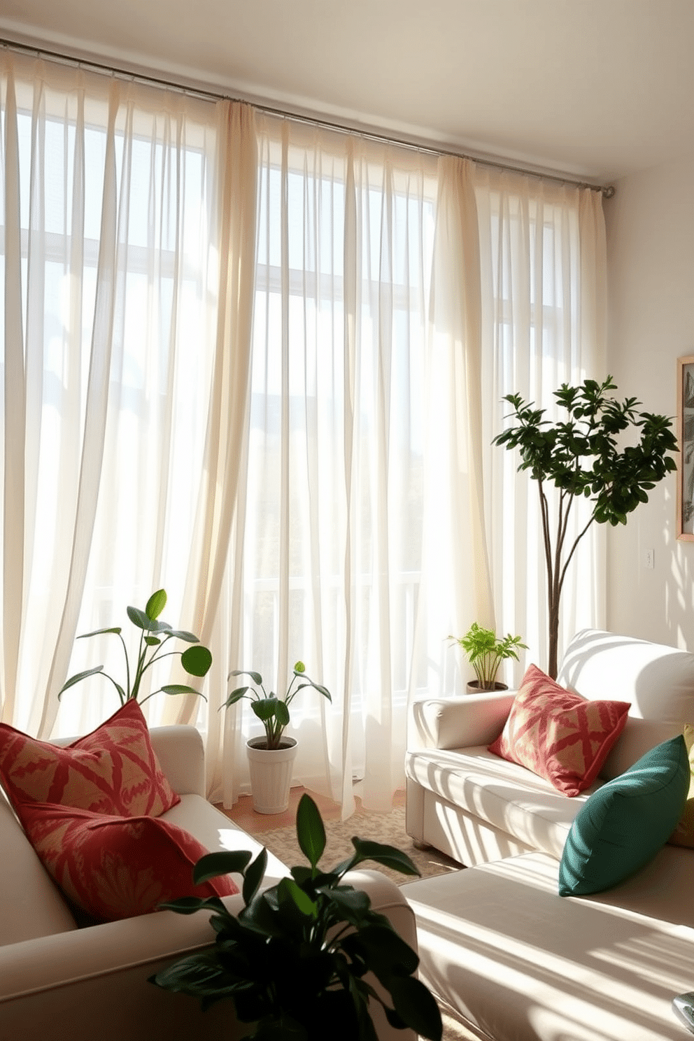 A bright and airy living space featuring lightweight sheer curtains that gently flutter with the breeze. The room is decorated with light-colored furniture and vibrant accent pillows, creating a cheerful summer atmosphere. Incorporate potted plants to add a touch of greenery and freshness. Use multifunctional furniture pieces to maximize space while maintaining a cozy and inviting feel.