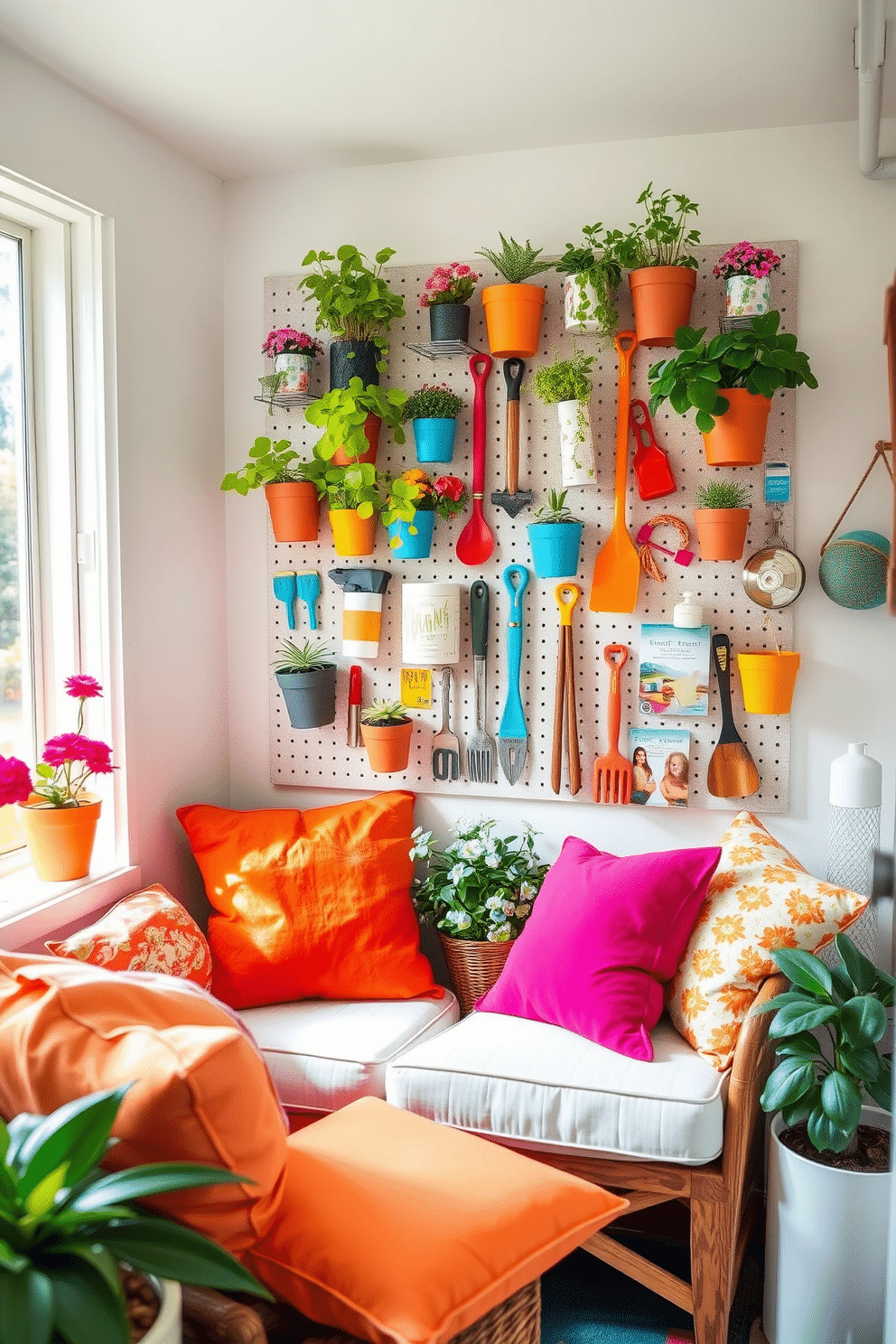 A vibrant summer-themed small space decorated with a pegboard for organized display. The pegboard is filled with colorful plants, tools, and decorative items, creating a lively focal point in the room. The walls are painted in a light, airy color to enhance the feeling of openness. Cozy seating with bright cushions is arranged to invite relaxation and enjoyment of the summer ambiance.