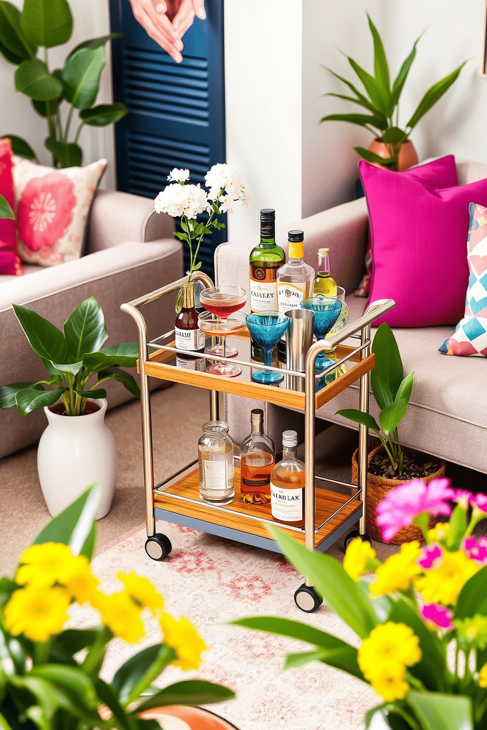 A stylish compact bar cart is positioned in the corner of the living room, featuring a sleek design with a mix of metal and wood. The cart is adorned with an array of colorful glassware, a cocktail shaker, and a small selection of premium spirits, creating an inviting atmosphere for entertaining guests. Bright summer accents are added through vibrant throw pillows on the sofa and a light, airy rug that complements the space. Potted plants and fresh flowers are placed strategically around the room, enhancing the cheerful and refreshing vibe of the small space.