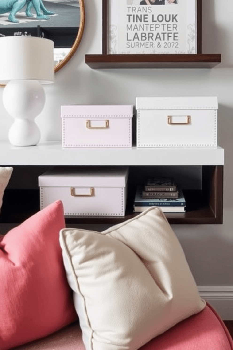 Create a stylish small living space that incorporates decorative boxes for clutter control. The boxes should be arranged on a sleek shelf, complementing the overall decor while providing functional storage solutions. Incorporate light and airy summer colors throughout the space. Use soft pastel hues for throw pillows and a lightweight area rug to enhance the seasonal theme.