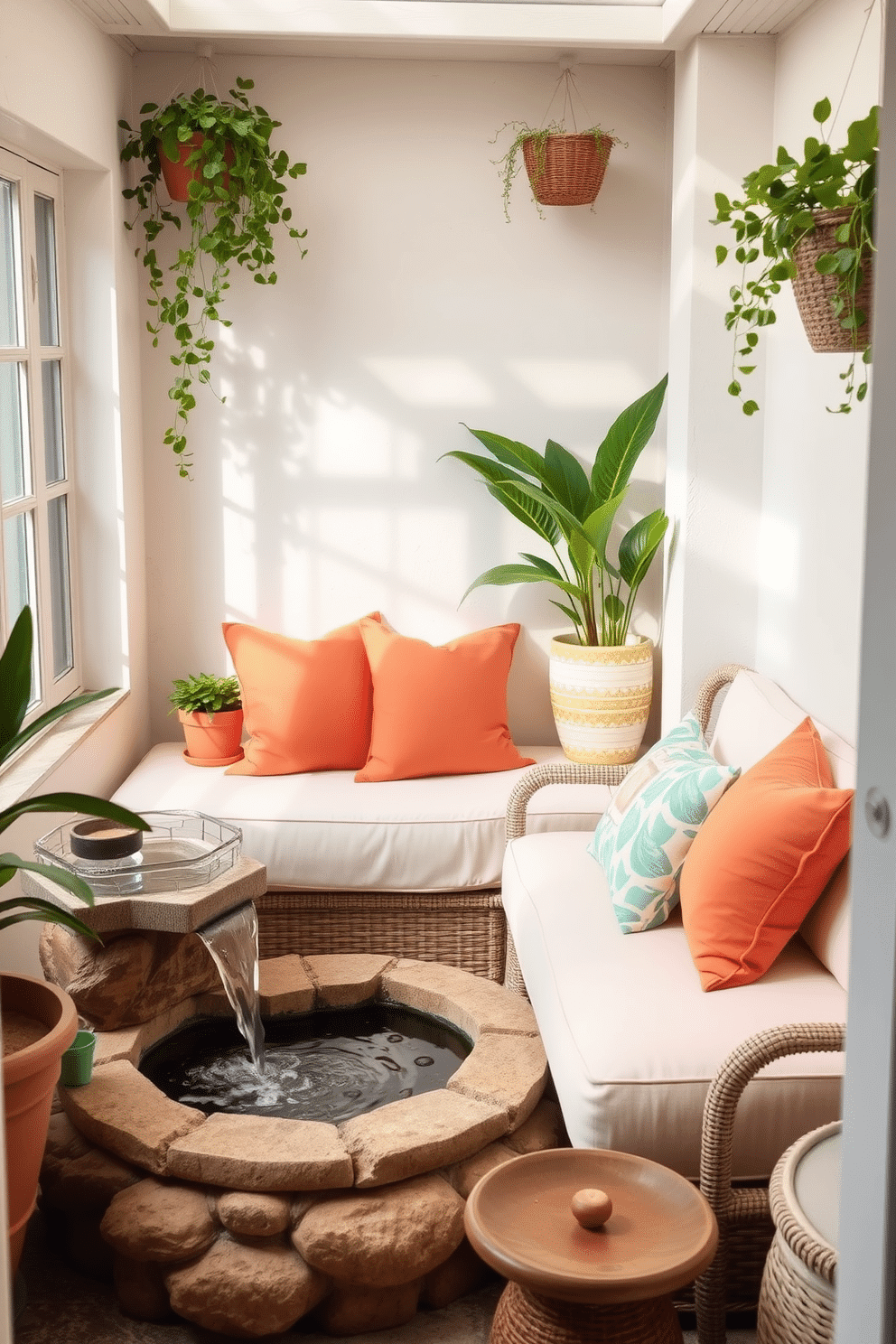 A serene summer small space decorated with light and airy furnishings. There is a cozy seating area featuring a soft, pastel-colored sofa adorned with vibrant throw pillows. In the corner, a small water feature gently trickles, creating a soothing ambiance. The walls are painted in a warm white tone, and potted plants add a touch of greenery throughout the space.