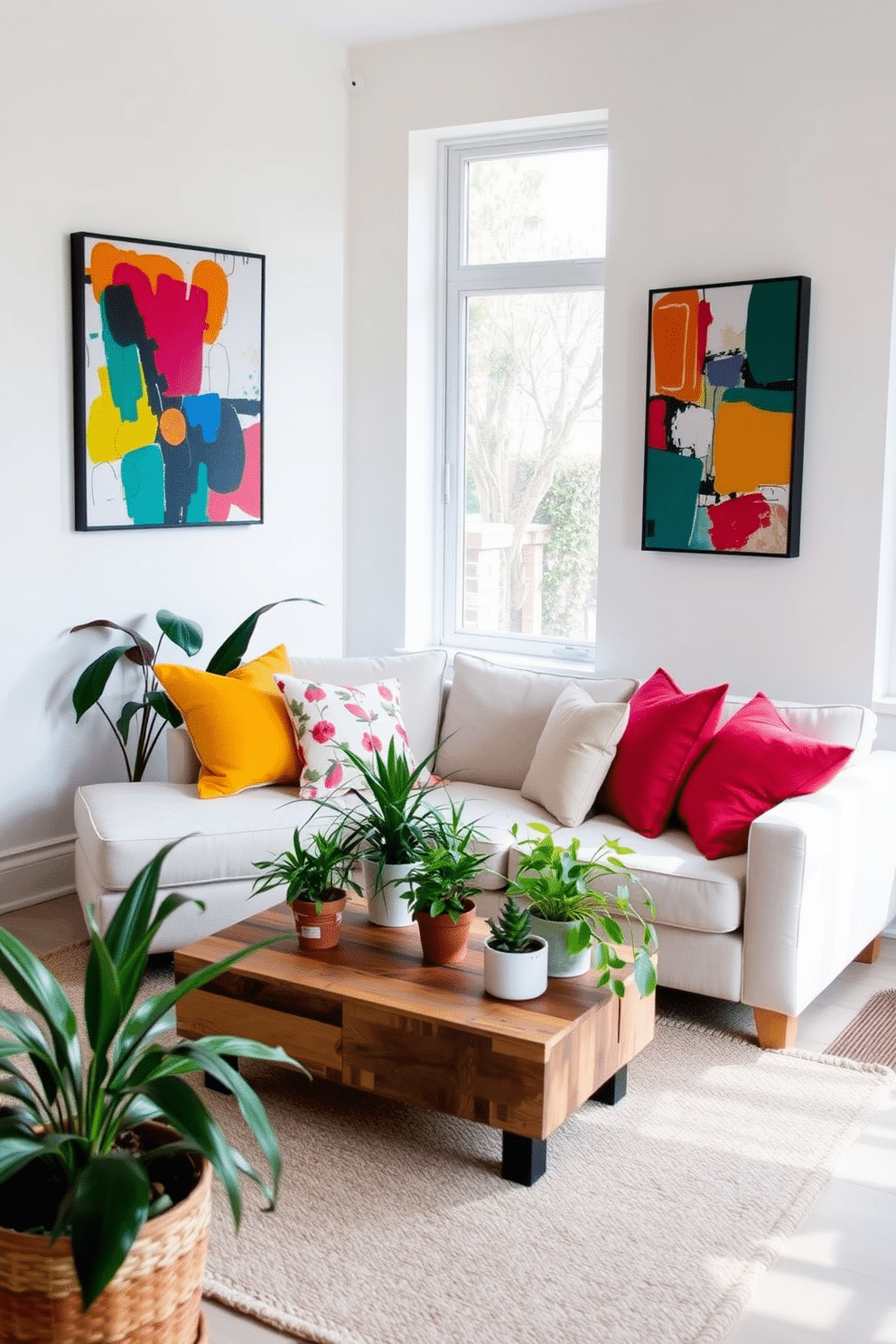 A bright and airy living room filled with natural light. The walls are adorned with vibrant abstract artwork that adds a pop of color to the space. A cozy seating area features a compact sofa in a light fabric, complemented by colorful throw pillows. A small coffee table made of reclaimed wood sits in the center, surrounded by potted plants for a refreshing touch.