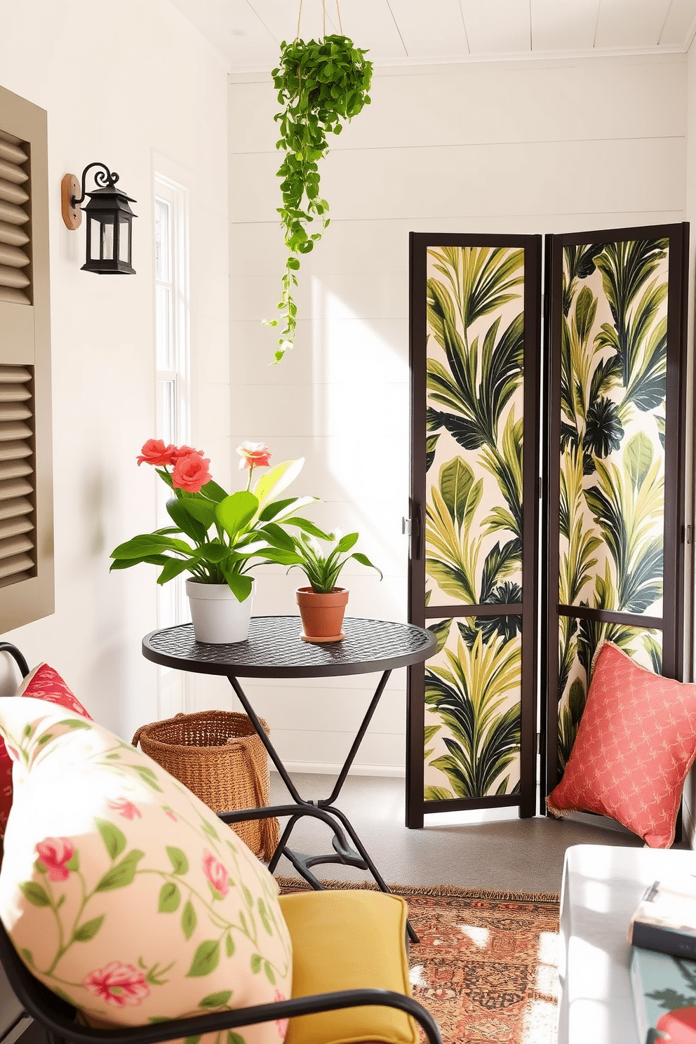 A cozy summer retreat in a small living space featuring a stylish foldable screen that provides privacy while enhancing the decor. The screen is adorned with a tropical print, and nearby, a small bistro table is set with vibrant cushions and a potted plant for a refreshing touch.