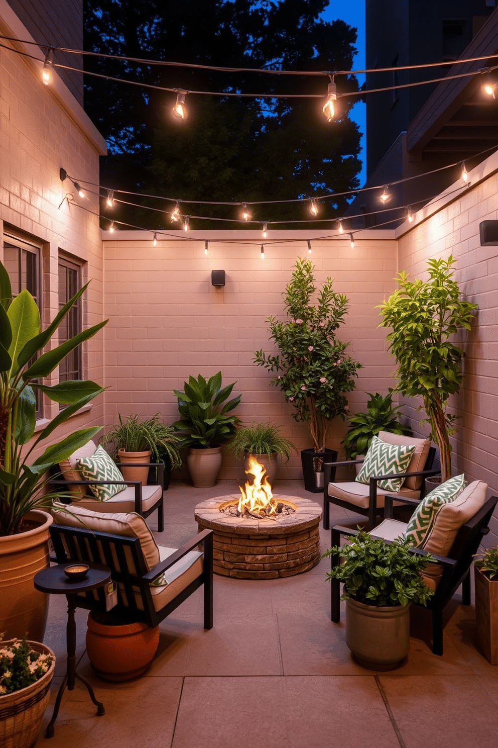 A cozy outdoor seating area designed for summer evenings. The space features a small fire pit surrounded by comfortable lounge chairs, creating an inviting atmosphere for relaxation and conversation. Lush potted plants add greenery and vibrancy to the setting. Soft, ambient lighting is strung overhead, enhancing the warm and welcoming feel of the small space.