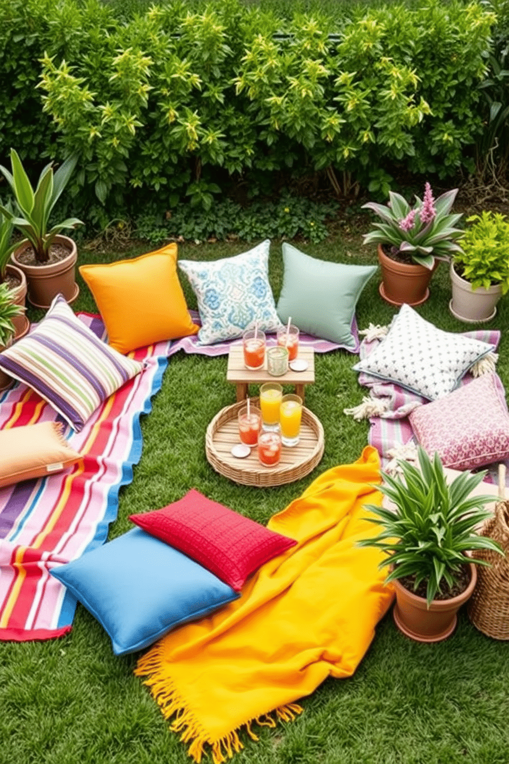 Create a cozy picnic area featuring colorful blankets and plush cushions spread out on a grassy lawn. Surround the space with potted plants and a small table holding refreshing drinks and snacks for a perfect summer gathering.