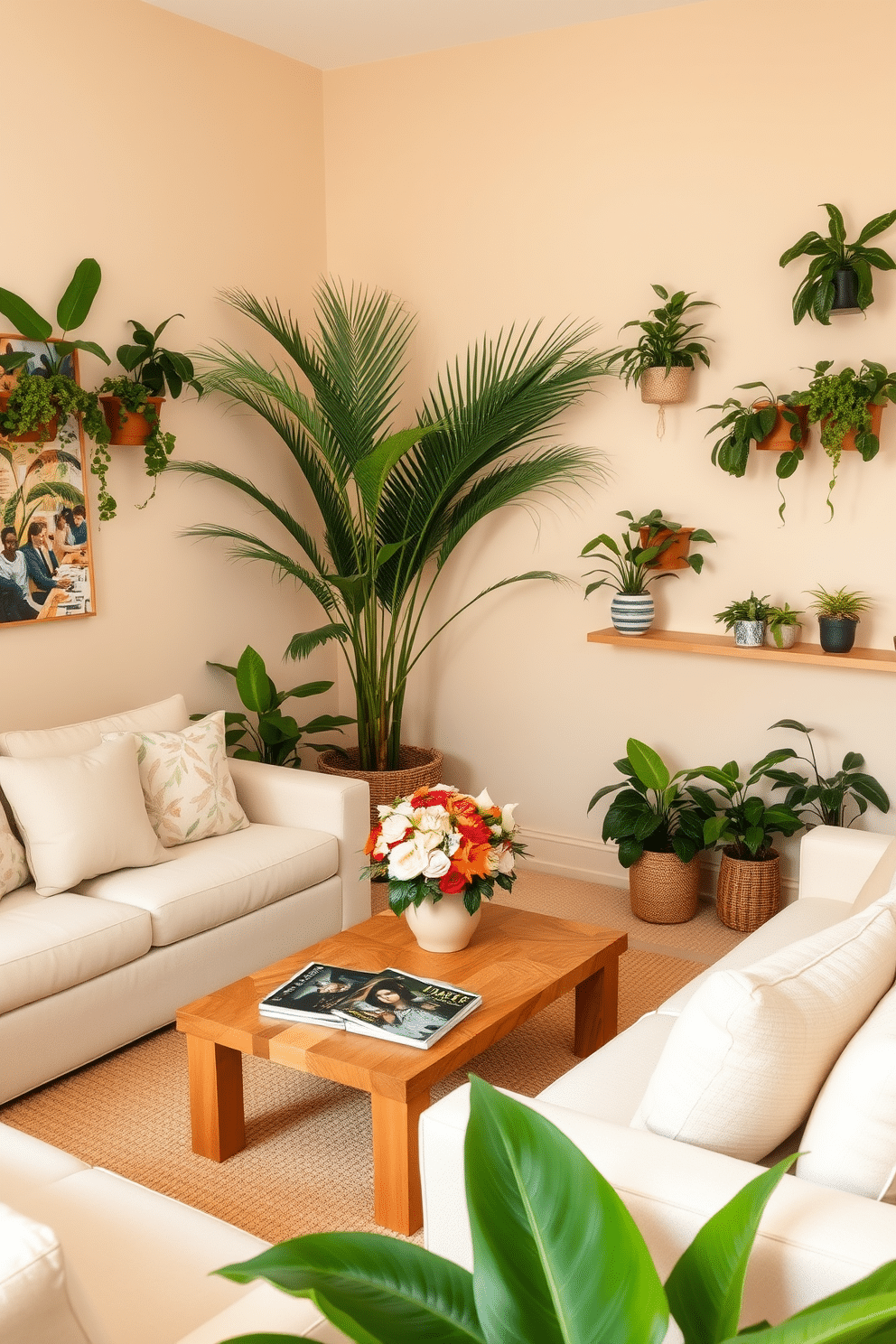 A cozy living room filled with vibrant tropical plants that bring a touch of freshness to the space. The decor features light-colored furniture with soft cushions, complemented by a large palm tree in the corner and smaller plants on shelves. The walls are painted in a soft beige, creating a warm backdrop for the greenery. A small coffee table made of natural wood sits in the center, adorned with a colorful floral arrangement and a few stylish magazines.