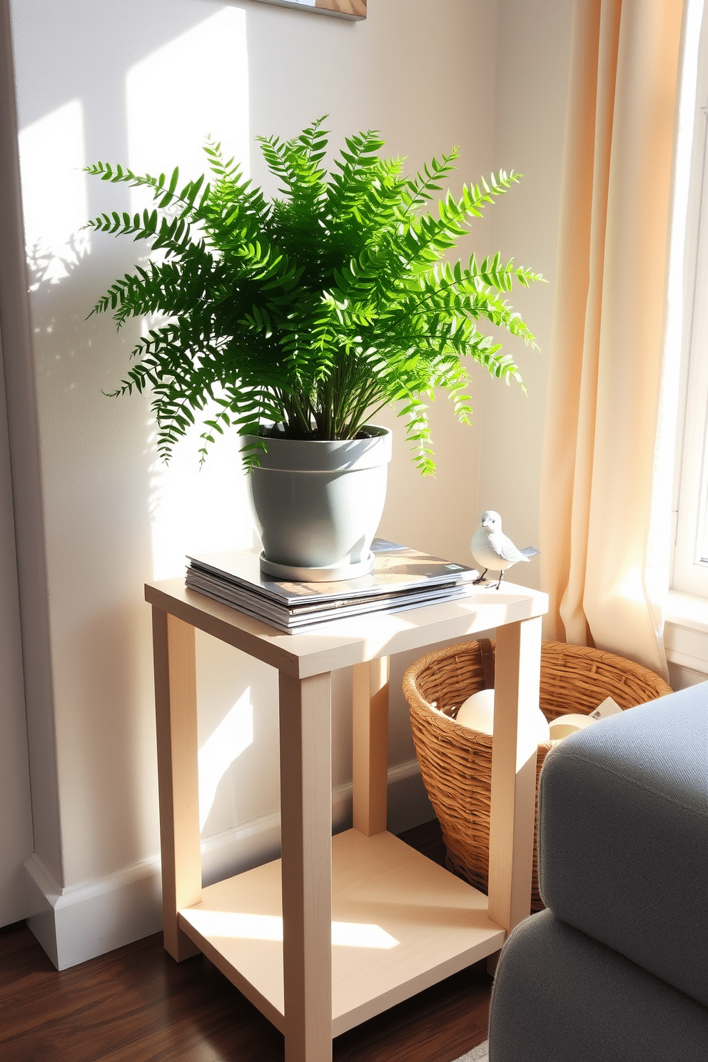 A small side table is repurposed as a charming plant stand, showcasing a vibrant green potted fern that adds life to the space. The table features a minimalist design with a light wood finish, complementing the bright and airy summer decor. Surrounding the table are decorative elements such as a woven basket filled with magazines and a small ceramic bird figurine. Sunlight streams in through a nearby window, casting a warm glow on the table and enhancing the inviting atmosphere of the small space.