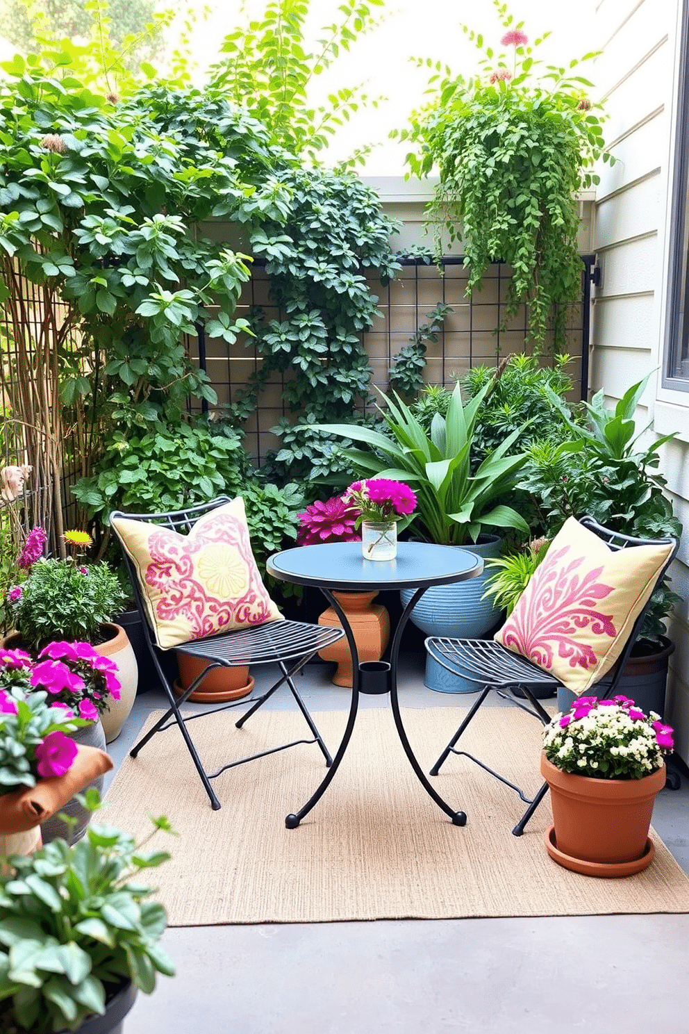 A cozy outdoor seating area designed for summer relaxation. The space features a small bistro table with two chairs, surrounded by lush greenery and colorful potted plants. A soft outdoor rug is placed under the table to add comfort and warmth. Decorative throw pillows in vibrant colors enhance the inviting atmosphere of this small space.