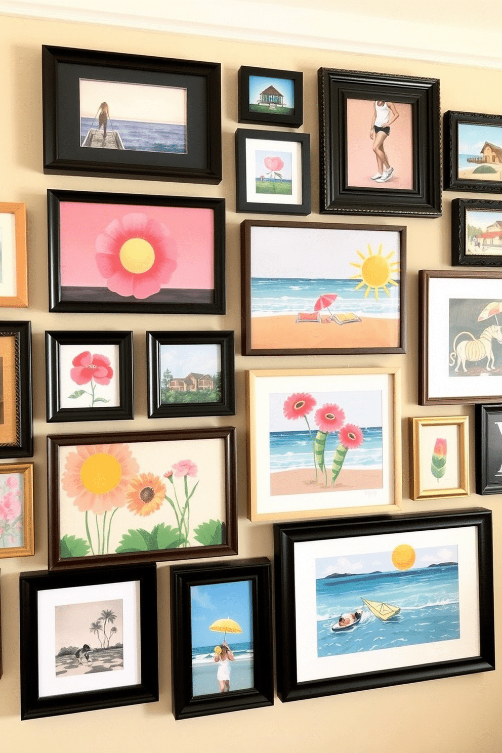 Create a gallery wall featuring a collection of vibrant summer-themed artwork. Include a mix of framed prints and canvas pieces that evoke the warmth and joy of the season. Incorporate various sizes and styles of frames for a dynamic look. Arrange the artwork in a cohesive yet playful manner to enhance the small space while adding visual interest.