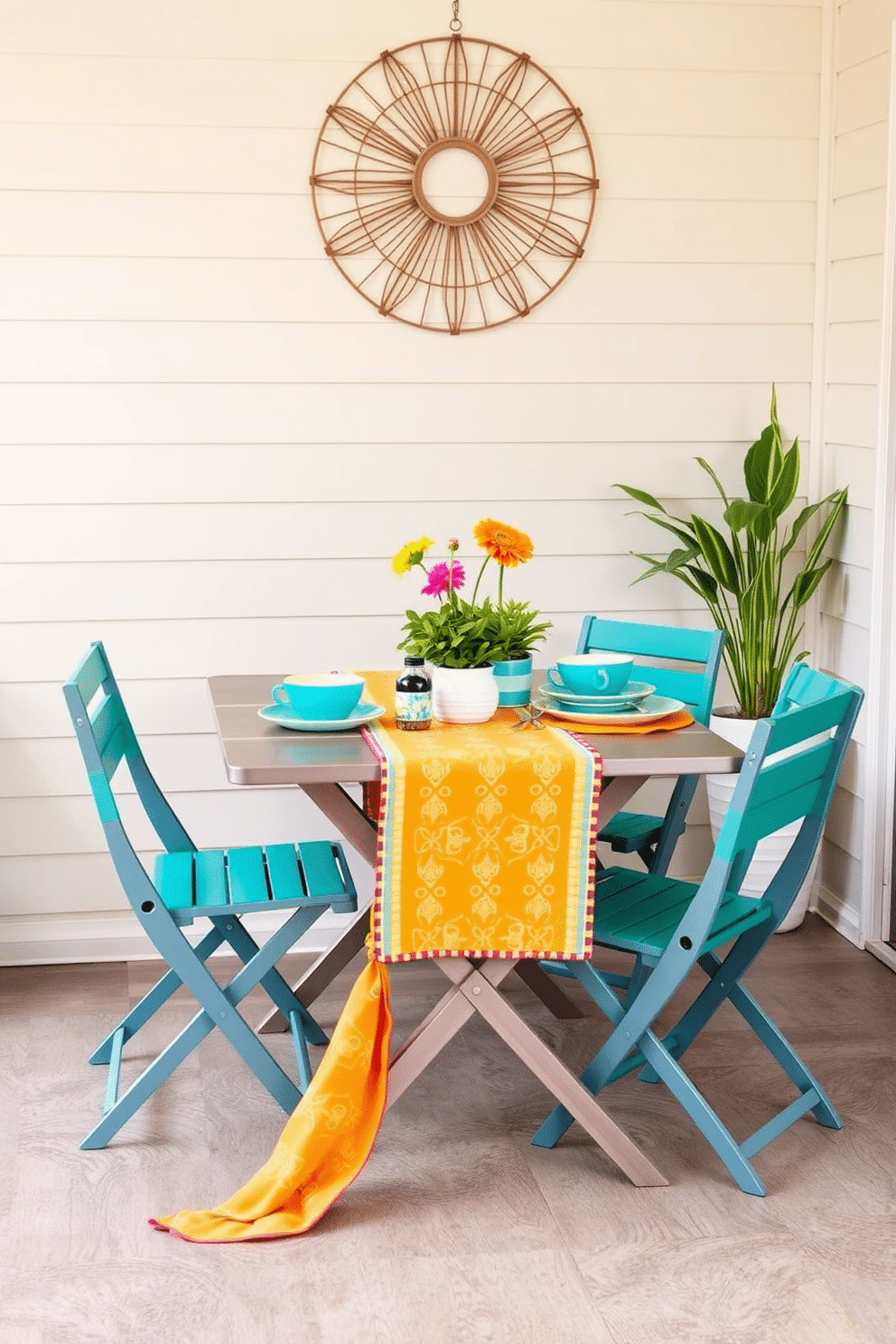 A versatile folding table is set against a light-colored wall, providing a perfect dining solution for small spaces. Surrounding the table are stylish folding chairs that can be easily tucked away when not in use, maximizing the room's functionality. Brightly colored tableware and a vibrant table runner add a cheerful touch to the dining setup. Potted plants and decorative accents on the table create an inviting atmosphere, perfect for summer gatherings.