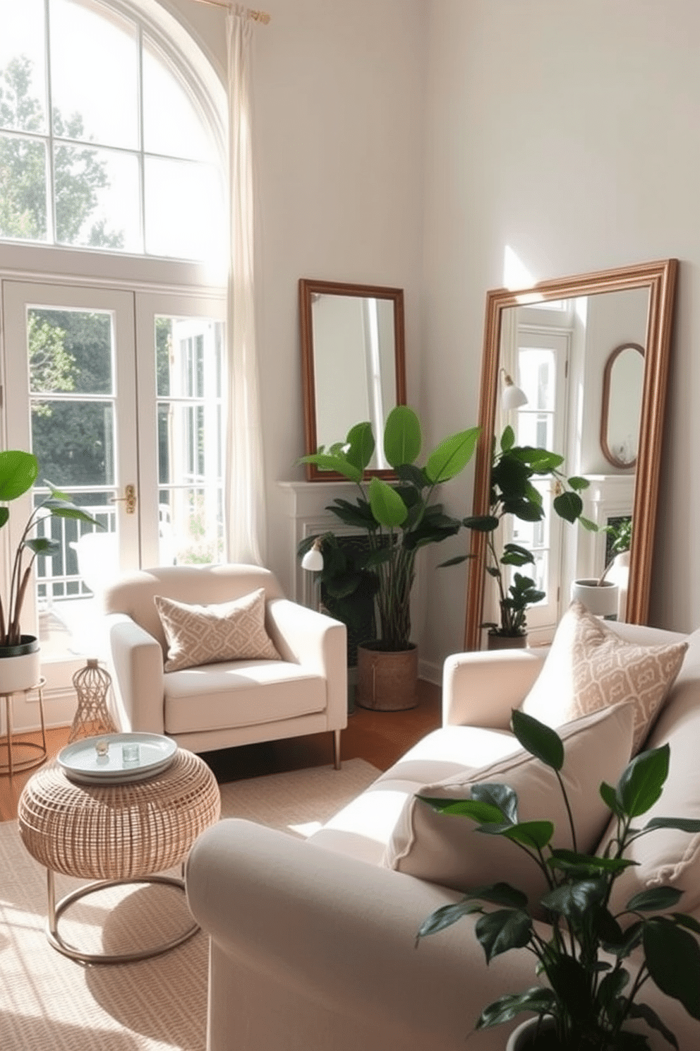 Create a cozy living room that maximizes natural light. Use large mirrors strategically placed to reflect sunlight and make the space feel larger. Incorporate light, airy fabrics and a neutral color palette to enhance the brightness. Add greenery with potted plants to bring a touch of summer indoors while keeping the decor minimal for a small space.