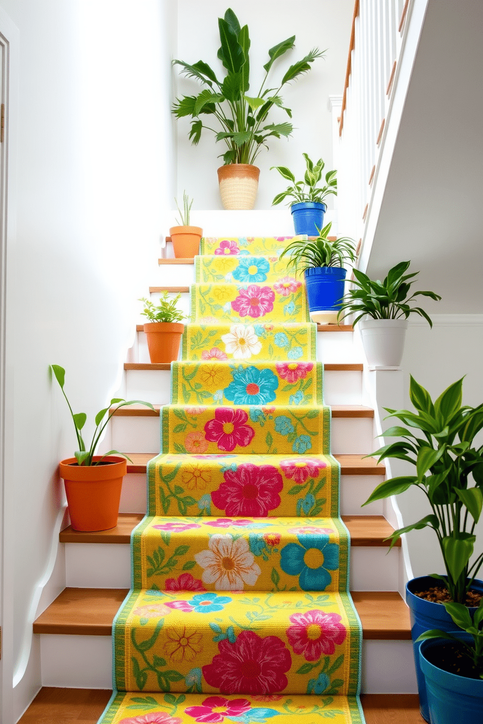 Brightly colored stair runners for summer vibes. The staircase features a vibrant runner adorned with floral patterns in shades of yellow, pink, and turquoise, creating a cheerful atmosphere. Surrounding the runner, the walls are painted in a crisp white, allowing the colors of the runner to pop. Potted plants in varying heights are placed along the staircase, adding a touch of greenery and enhancing the summer feel.