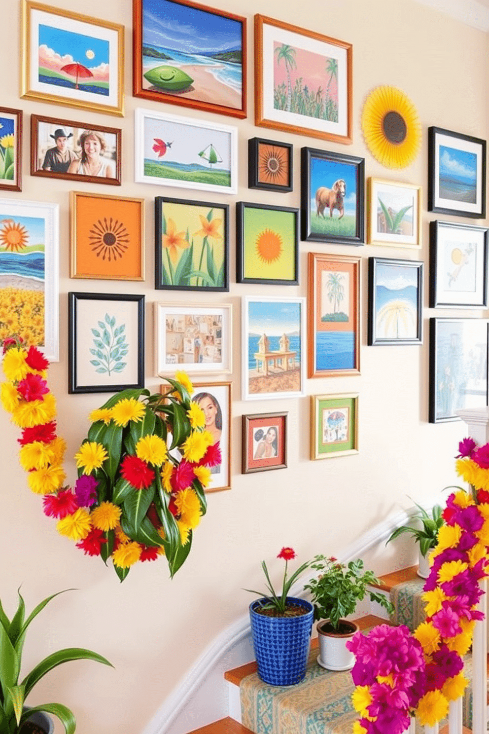 Create a gallery wall filled with vibrant summer-themed art pieces. Include a mix of framed paintings, photographs, and prints that evoke the essence of the season. Decorate a staircase with a playful and bright summer theme. Use colorful garlands, potted plants, and decorative accents that reflect the warmth and joy of summer.