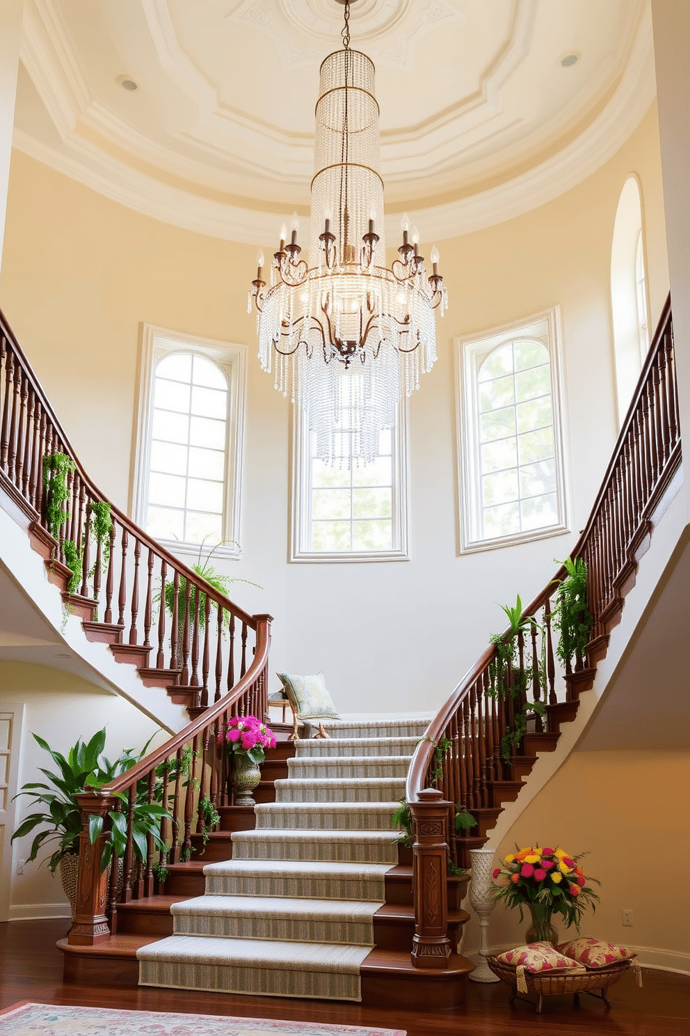 A grand staircase adorned with a stunning statement chandelier that cascades elegantly from the ceiling. The walls are painted in a soft cream color, and the staircase features a rich wooden railing that complements the overall design. Bright summer decor accents the staircase, with fresh greenery and vibrant floral arrangements placed on the steps. The use of light fabrics and colorful cushions adds a cheerful touch, inviting warmth and style to the space.