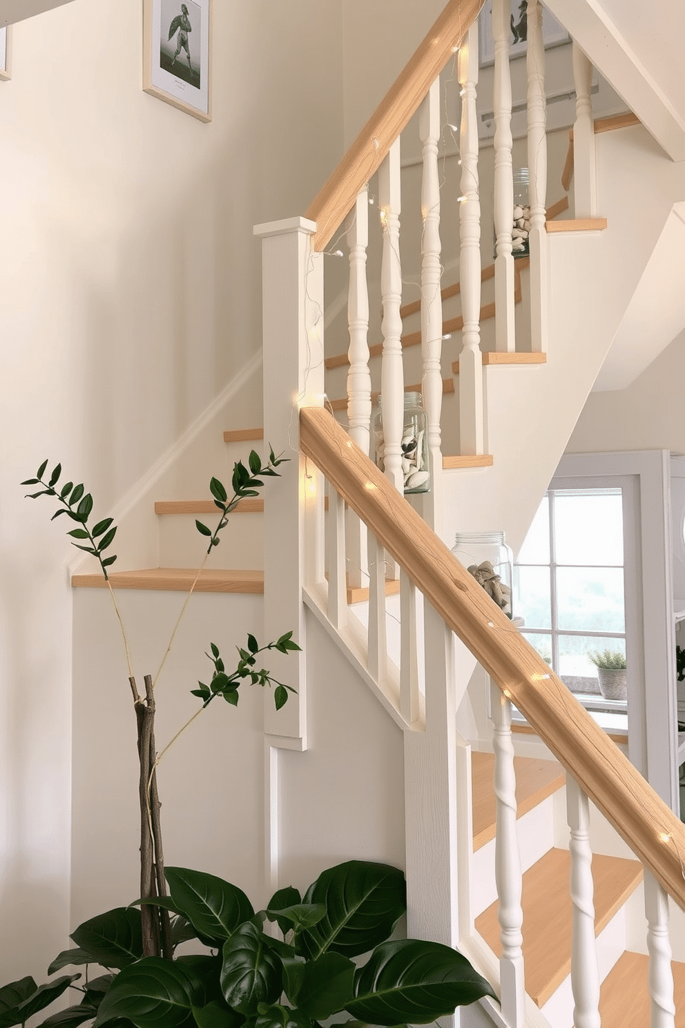 A bright and airy staircase adorned with decorative glass jars filled with various seashells. The staircase features a light wood railing and soft white walls, creating a fresh coastal vibe. Delicate strands of fairy lights are intertwined along the railing, adding a warm glow in the evening. A large potted plant sits at the base of the staircase, enhancing the natural aesthetic of the space.