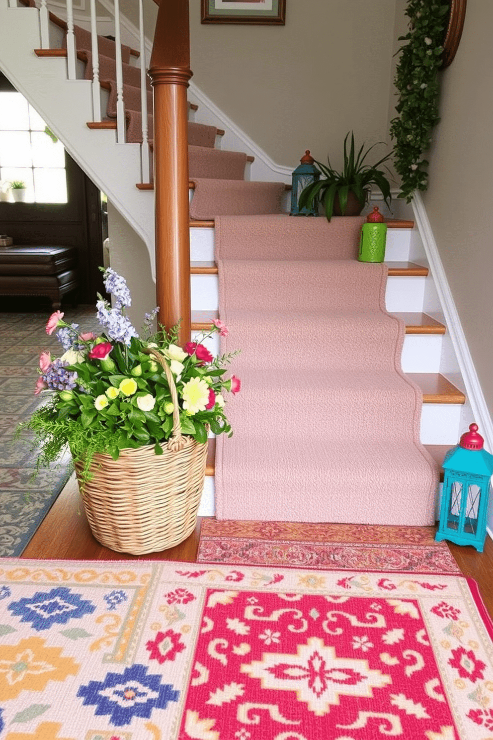 Layered rugs create a cozy and inviting atmosphere in any room. The top rug features a vibrant pattern while the bottom rug offers a neutral base, adding depth and visual interest. For summer staircase decorating, consider using fresh greenery and bright accents. A woven basket filled with seasonal flowers can be placed on the steps, complemented by colorful lanterns for a cheerful touch.