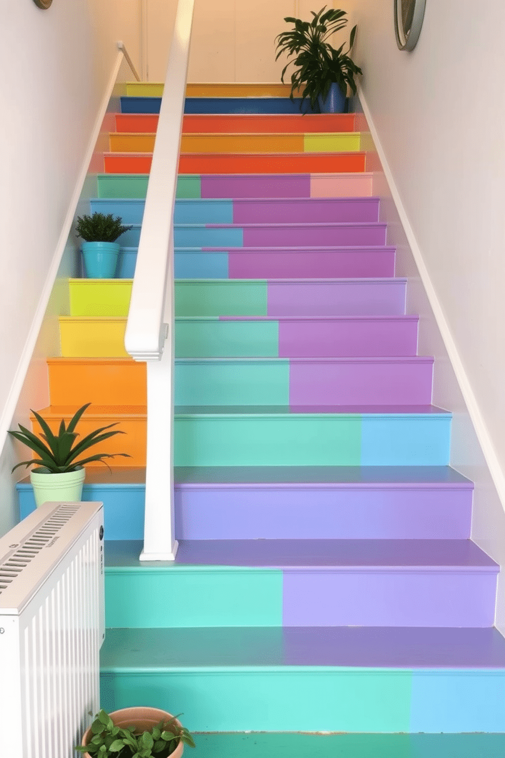 A vibrant staircase adorned with painted risers in bright hues creates a cheerful and inviting atmosphere. Each riser features a different color, ranging from sunny yellows to bold blues, adding a playful touch to the overall design. To complement the colorful risers, the staircase is decorated with potted plants on each landing. Soft lighting illuminates the space, enhancing the lively colors and creating a warm ambiance.