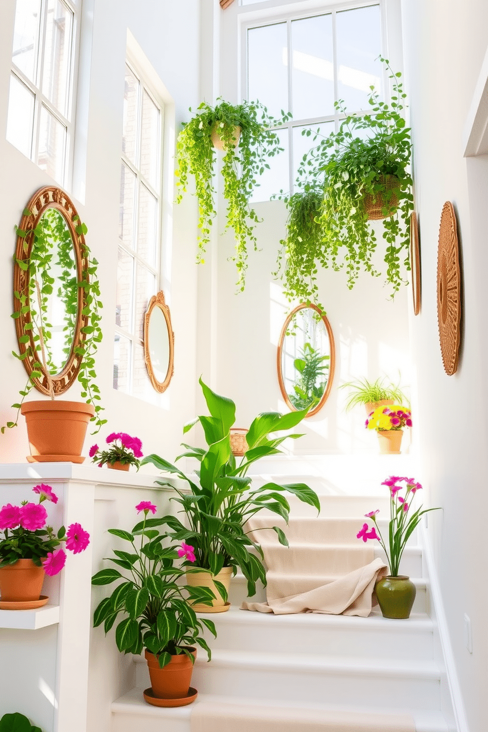 A bright and airy staircase adorned with lush greenery. The walls are painted in a soft white hue, and natural light floods in through large windows, illuminating the space. Delicate mirrors are strategically placed along the staircase to enhance the light and create an illusion of depth. Vibrant summer decor, including colorful potted plants and light fabrics, adds a cheerful touch to the overall design.