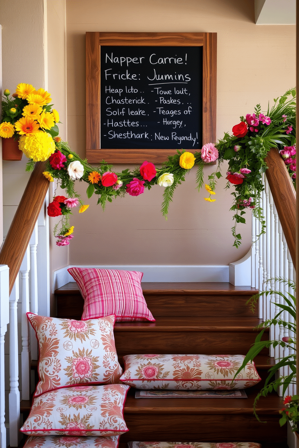 A charming summer staircase adorned with a large chalkboard for messages. The chalkboard is framed in rustic wood and placed against the wall, inviting guests to leave cheerful notes and reminders. Brightly colored garlands of flowers and greenery cascade down the banister, adding a vibrant touch. Soft, patterned cushions line the steps, creating a cozy and inviting atmosphere for summer gatherings.