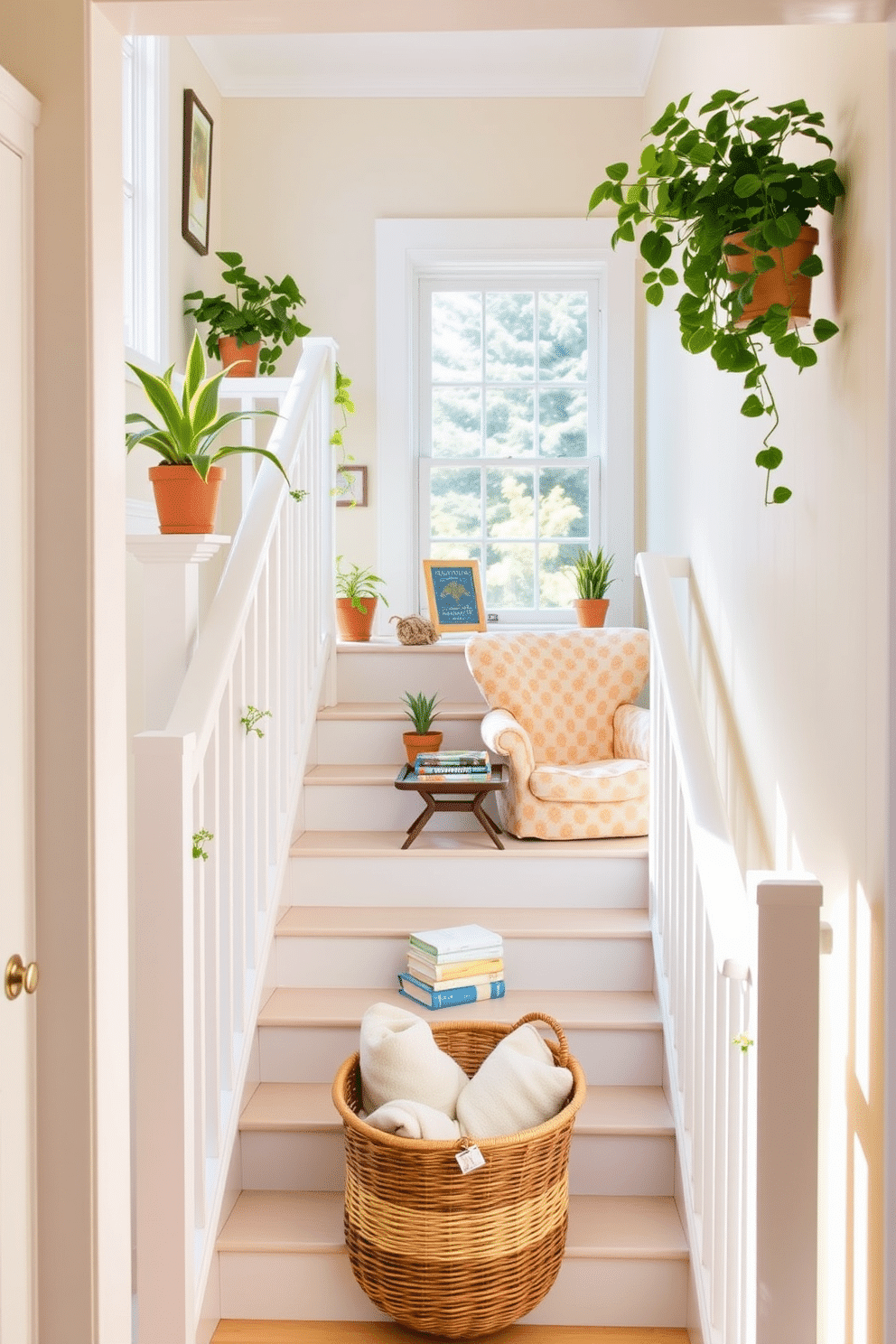 A bright and inviting summer staircase decorated with fresh potted plants on each step. The walls are adorned with light pastel colors, and a woven basket filled with soft blankets rests at the bottom. At the top of the staircase, a cozy reading nook features a plush armchair in a cheerful fabric. A small side table holds a stack of books and a refreshing drink, while a large window allows natural light to flood the space.