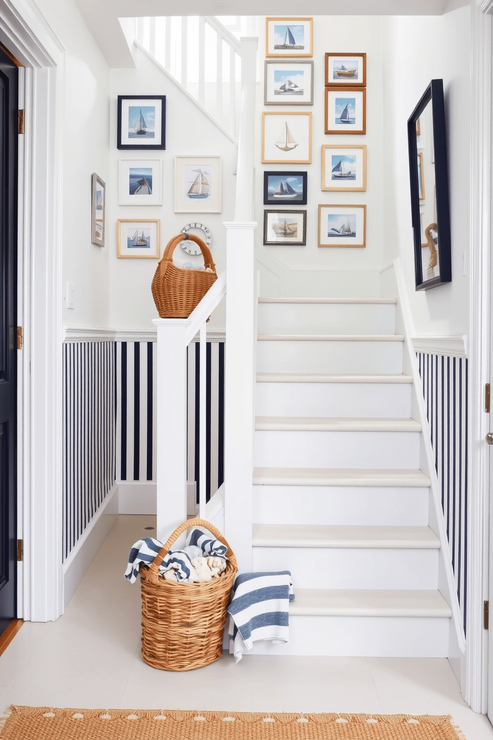 A bright and airy staircase adorned with nautical-themed decor. The walls are painted in a crisp white, and striped wallpaper in navy and white runs along the lower half, creating a fresh coastal vibe. At the base of the staircase, a woven basket filled with seashells and beach towels adds a summery touch. A collection of framed nautical prints is arranged on the wall, enhancing the theme and drawing the eye upward.