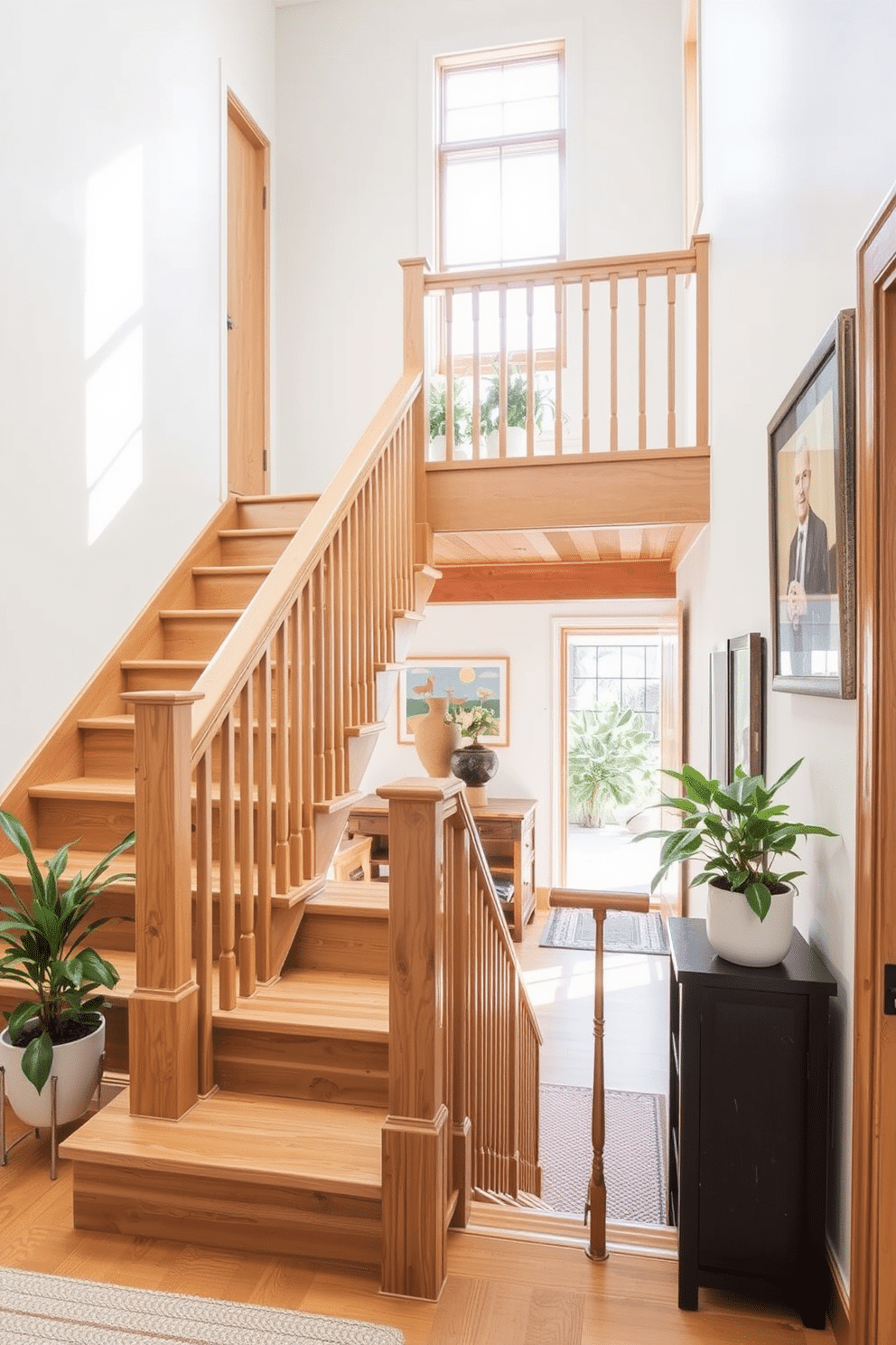 Natural wood finishes create a warm and inviting atmosphere throughout the space. The staircase features a blend of natural wood railings and treads, complemented by soft neutral wall colors. To enhance the summer vibe, decorative elements like potted plants and vibrant artwork are strategically placed along the staircase. Natural light floods the area, highlighting the beauty of the wood and the cheerful decor.