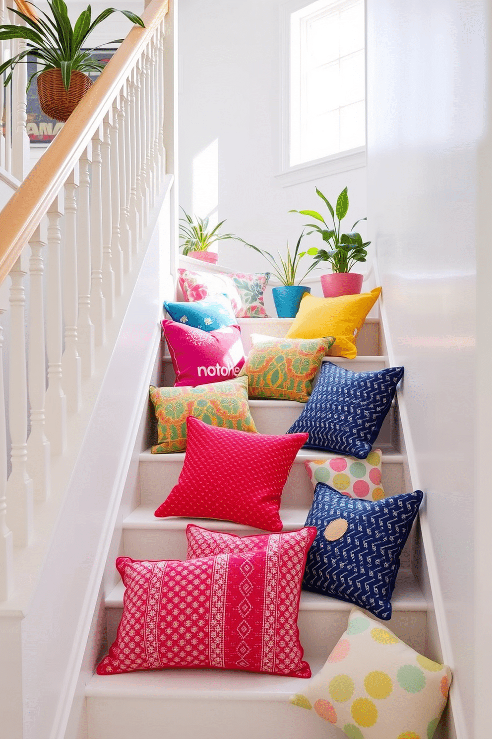 A bright and inviting staircase adorned with colorful throw pillows in various patterns and textures. The pillows are arranged on the steps, creating a playful and welcoming atmosphere that complements the natural light streaming in from the nearby window. The staircase features a light wooden railing and is painted in a crisp white, enhancing the vibrant colors of the pillows. Potted plants are placed strategically along the staircase to add a touch of greenery and warmth to the decor.