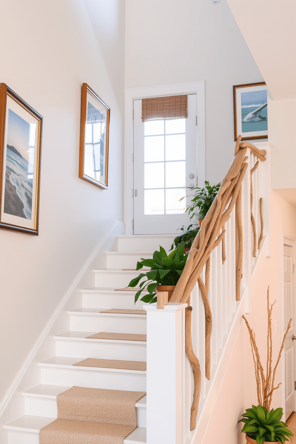 A bright and airy staircase adorned with driftwood accents. The steps are painted in a soft white, while the railing features natural driftwood elements that add an organic touch. On the walls, framed coastal artwork complements the driftwood theme. Potted plants are placed on the landing, bringing a touch of greenery and life to the space.