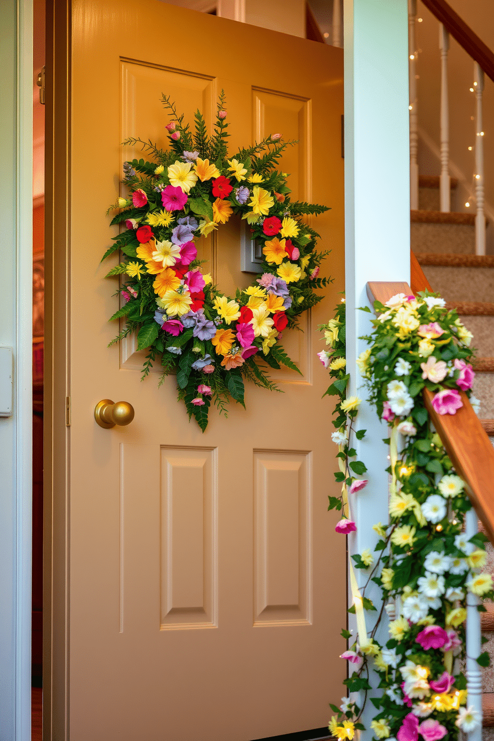 A vibrant summer-themed wreath is elegantly hung on the front door, adorned with colorful flowers and lush greenery. The wreath invites a cheerful ambiance, setting a warm and welcoming tone for the home. The staircase is beautifully decorated with cascading garlands of fresh flowers and twinkling fairy lights. Soft pastel accents are incorporated into the decor, enhancing the light and airy feel of the summer season.