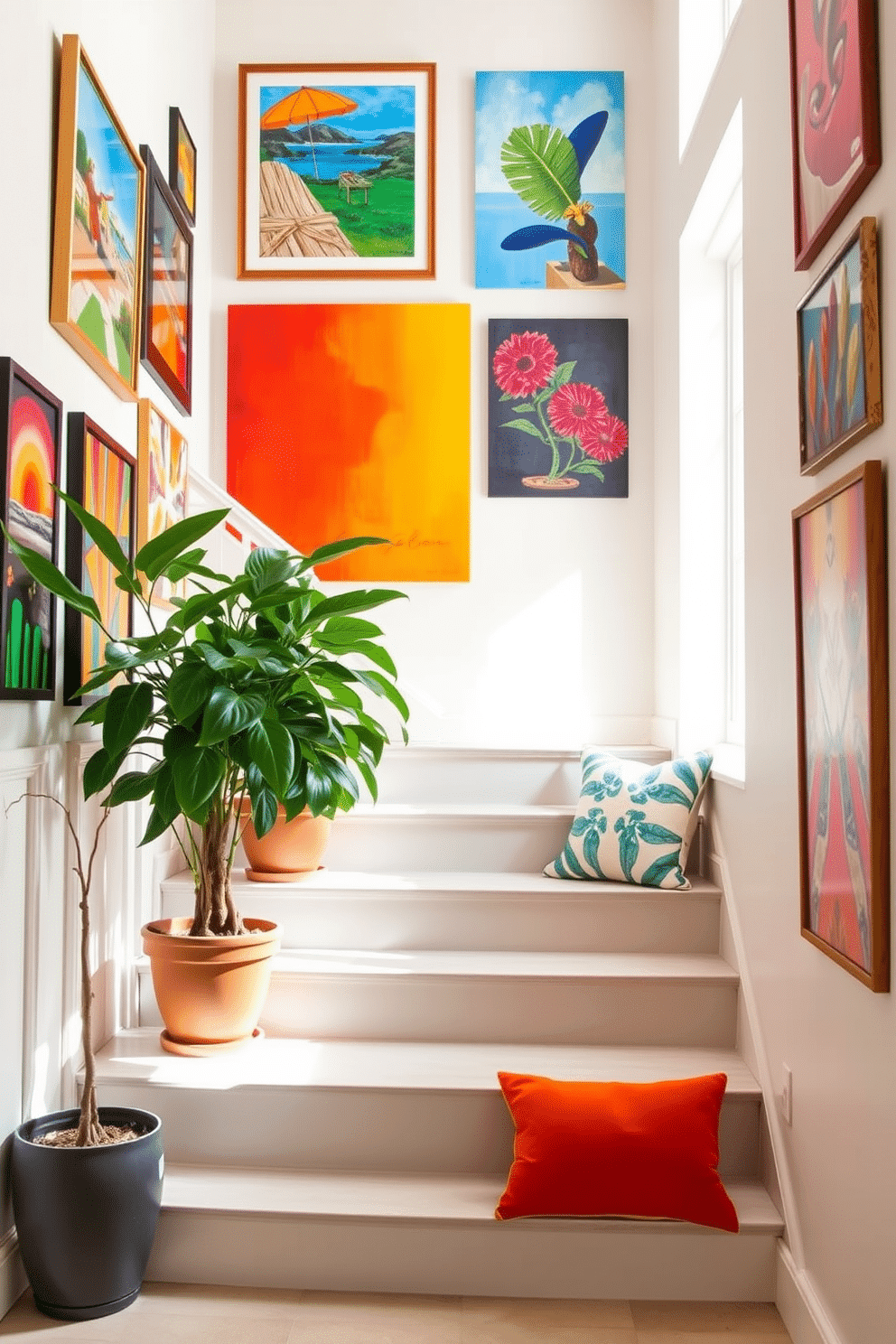 Create a vibrant and inviting staircase that features a mix of colorful artwork displayed on the walls. Use a combination of framed paintings and canvas pieces in bold colors to enhance the ambiance and draw the eye upward. Incorporate summer-themed decor elements such as potted plants and bright cushions on the staircase steps. Utilize natural light to highlight the artwork and create a warm, welcoming atmosphere.