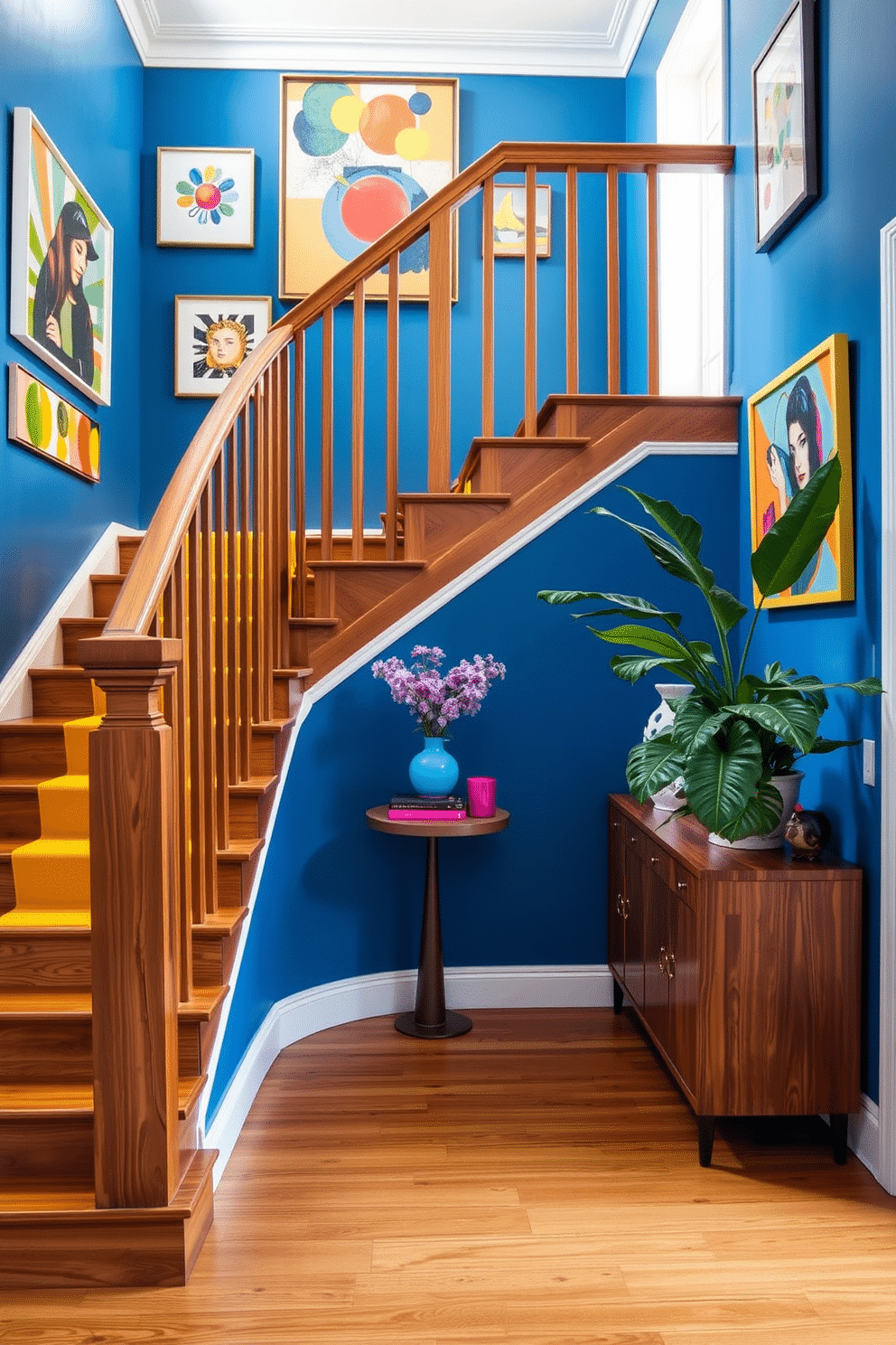 A vibrant staircase featuring bold blue walls adorned with abstract art pieces that create a lively focal point. The wooden staircase steps are complemented by a striking yellow runner, adding warmth and a pop of color to the design. At the base of the staircase, a modern console table in a rich walnut finish holds decorative items in bright hues. A large potted plant in the corner brings in a touch of greenery, enhancing the energetic atmosphere of the space.