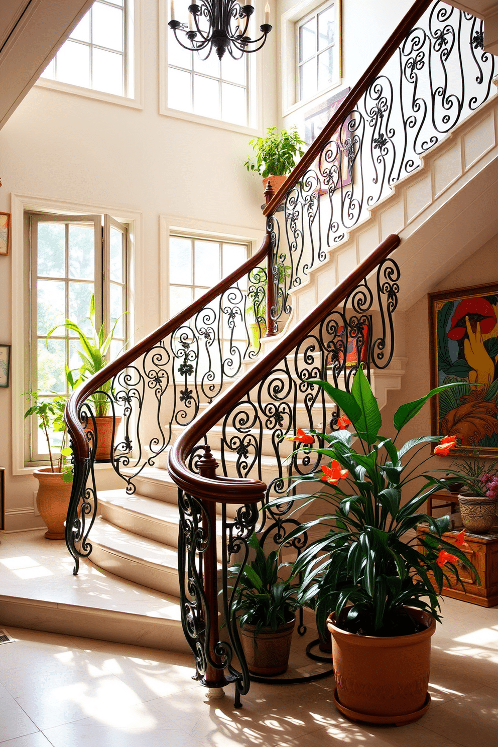 A stunning staircase featuring a unique balustrade that combines modern and traditional elements. The balustrade is crafted from wrought iron with intricate designs, complemented by a rich wooden handrail that adds warmth to the space. The staircase is adorned with vibrant summer decor, including potted plants and colorful artwork on the walls. Soft, natural light filters through large windows, highlighting the elegance of the design and creating an inviting atmosphere.