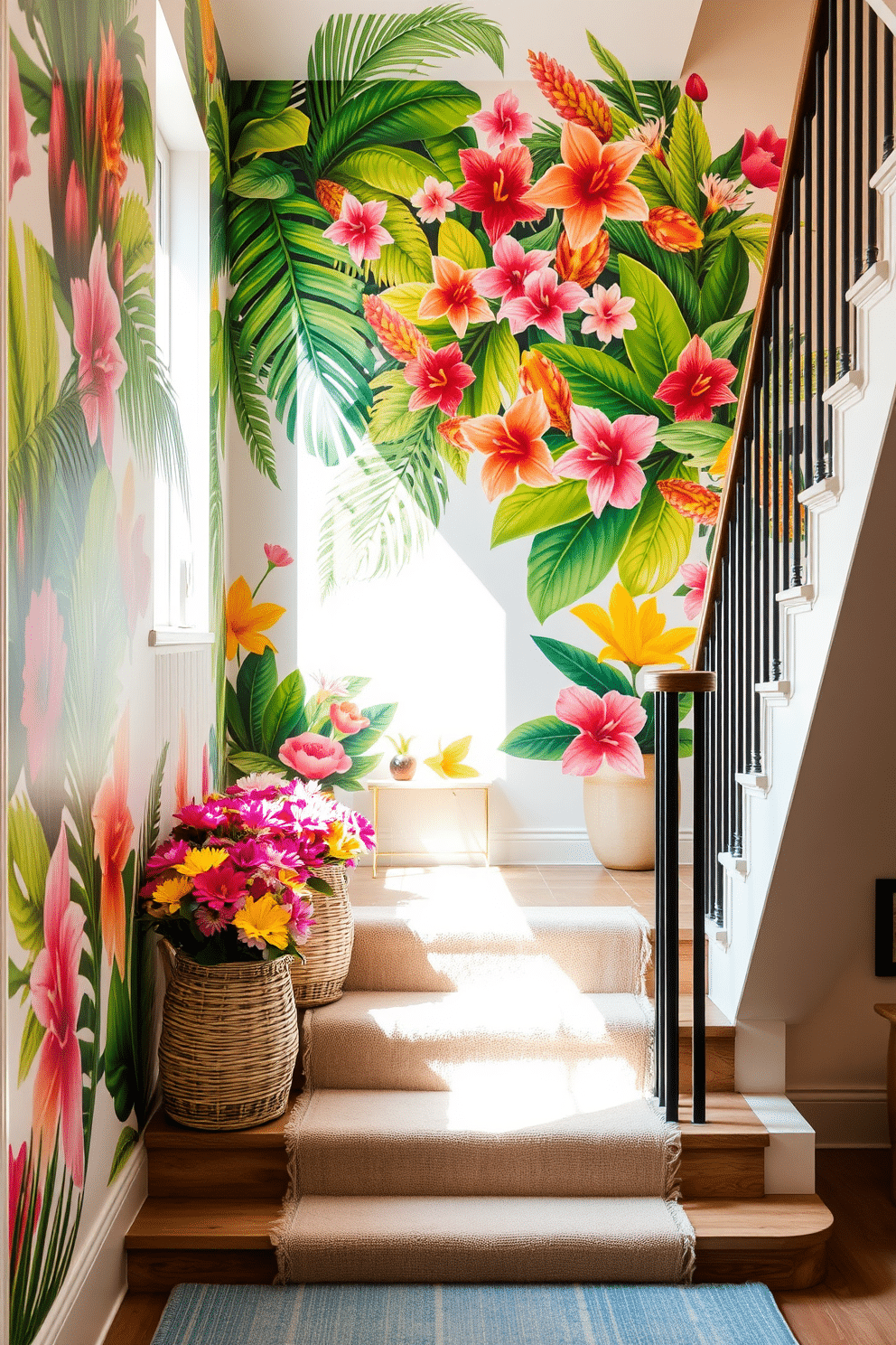 A vibrant summer-themed wall mural adorns the staircase wall, featuring lush tropical foliage and colorful flowers that evoke a sense of warmth and joy. The mural sets a cheerful tone, inviting natural light to enhance the bright colors throughout the space. The staircase is decorated with woven baskets filled with fresh summer blooms, adding texture and a touch of nature. Soft, pastel-colored rugs line the steps, providing comfort and a seamless transition between the indoor and outdoor summer vibes.