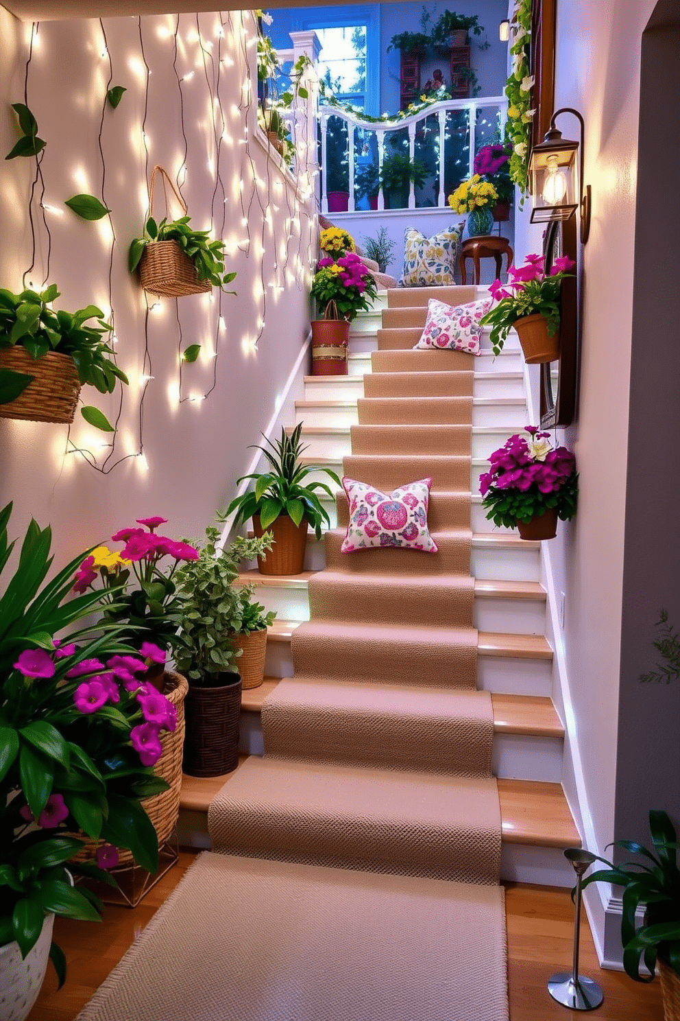 Create a whimsical staircase adorned with fairy lights that twinkle softly in the evening light. The stairs are lined with lush green plants and colorful summer flowers, enhancing the cheerful ambiance. Incorporate decorative elements like woven baskets and vibrant throw pillows on the landing. Use a soft, neutral runner to add warmth and comfort to the staircase while maintaining a fresh summer vibe.