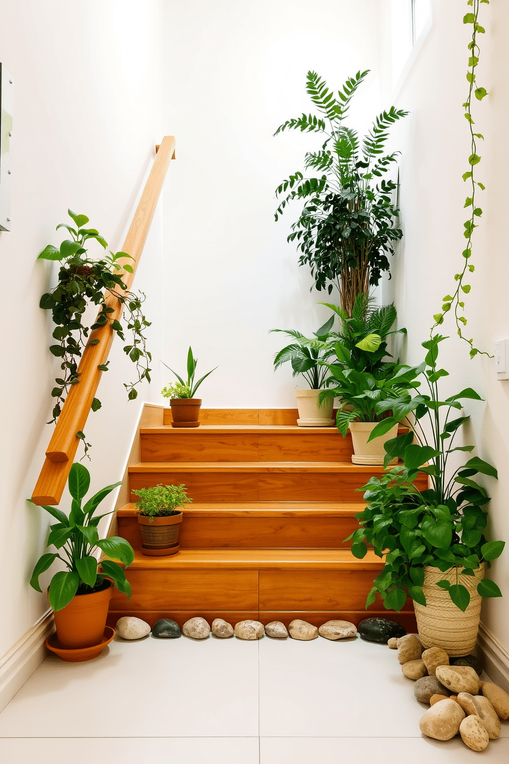 A bright and airy staircase adorned with lush greenery and natural stones. The walls are painted in a soft white hue, and the wooden handrail complements the warm tones of the wooden steps. Potted plants in varying sizes are placed on each landing, creating a welcoming atmosphere. Decorative stones are artfully arranged along the edges of the staircase, adding a touch of nature to the indoor space.