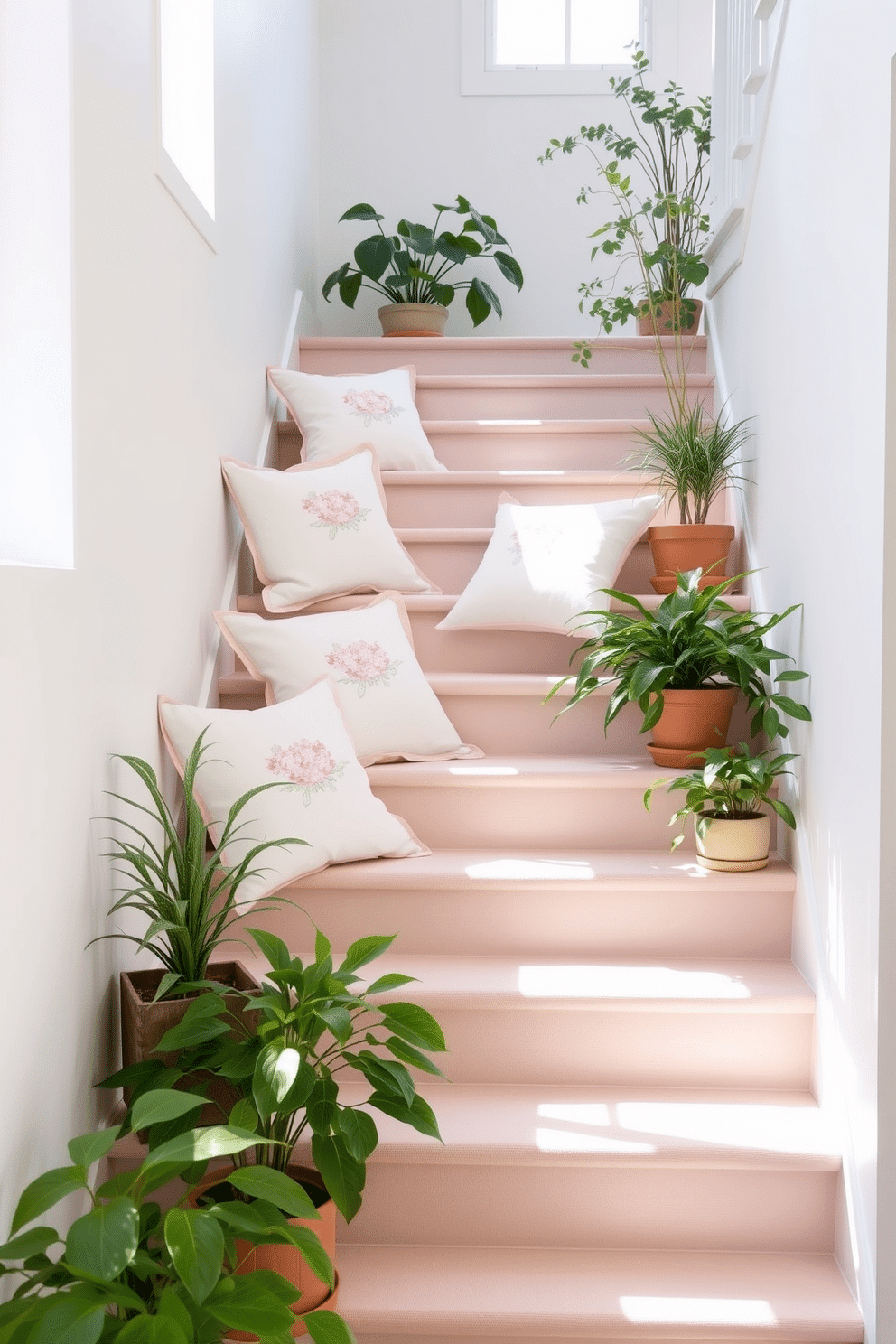 A bright and airy staircase adorned with light fabric cushions in soft pastel hues. The cushions are strategically placed on each step, creating a cozy and inviting atmosphere that enhances the natural light streaming in from nearby windows. Delicate floral patterns on the cushions add a touch of elegance to the space. Surrounding the staircase, potted plants in varying heights complement the fresh summer vibe, bringing the outdoors in.