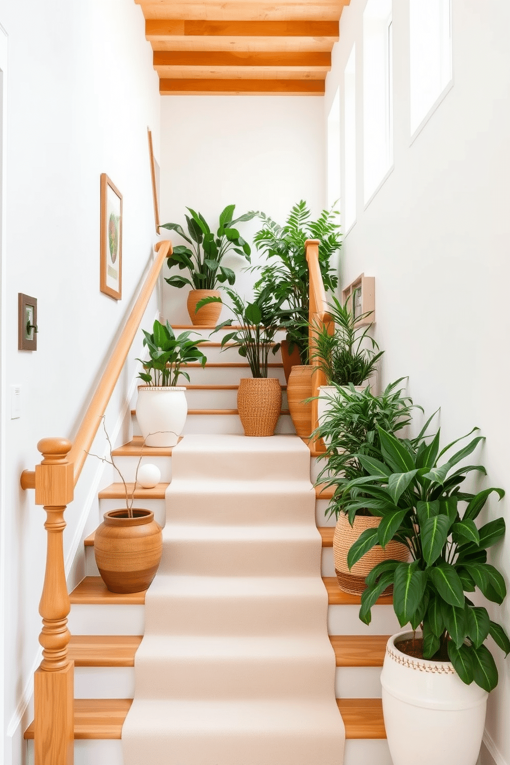 A bright and airy staircase features elegant wooden handrails and soft white walls. Potted plants in various sizes are strategically placed on the landings, adding a touch of greenery and life to the space. The steps are adorned with a light-colored runner that complements the natural wood tones. Stylish planters in ceramic and woven textures enhance the summer vibe while providing a welcoming atmosphere.