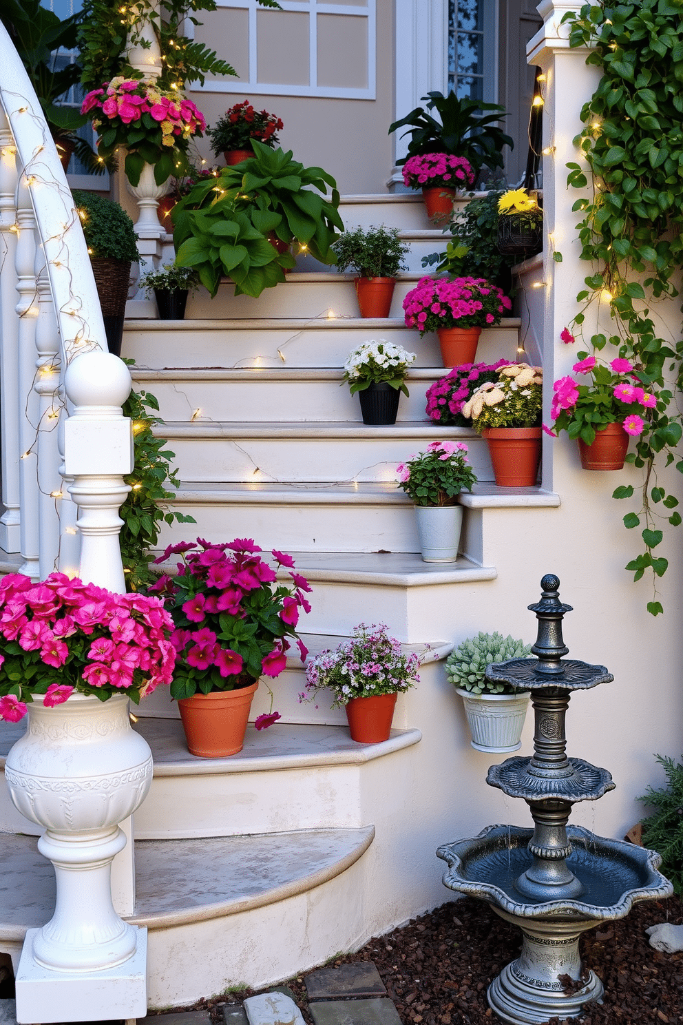 A beautiful summer staircase setting. The staircase is adorned with lush greenery and colorful potted flowers, creating a vibrant and inviting atmosphere. Delicate fairy lights are draped along the railings, adding a warm glow during the evening. A small water feature, such as a decorative fountain, is positioned nearby, enhancing the serene ambiance of the space.