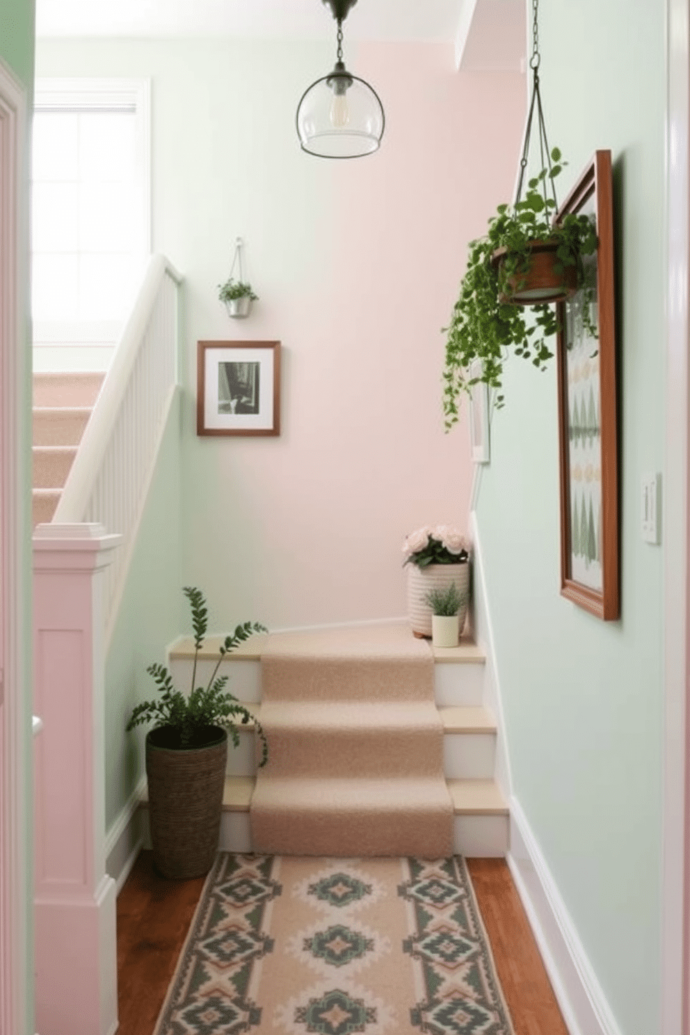 A bright and inviting staircase adorned with light and airy pastel wall colors. Soft shades of mint green and pale pink create a serene atmosphere, enhancing the natural light that floods the space. Decorative elements such as framed artwork and hanging plants add a touch of charm. A stylish runner rug in complementary colors guides the eye up the staircase, creating a cohesive and welcoming design.