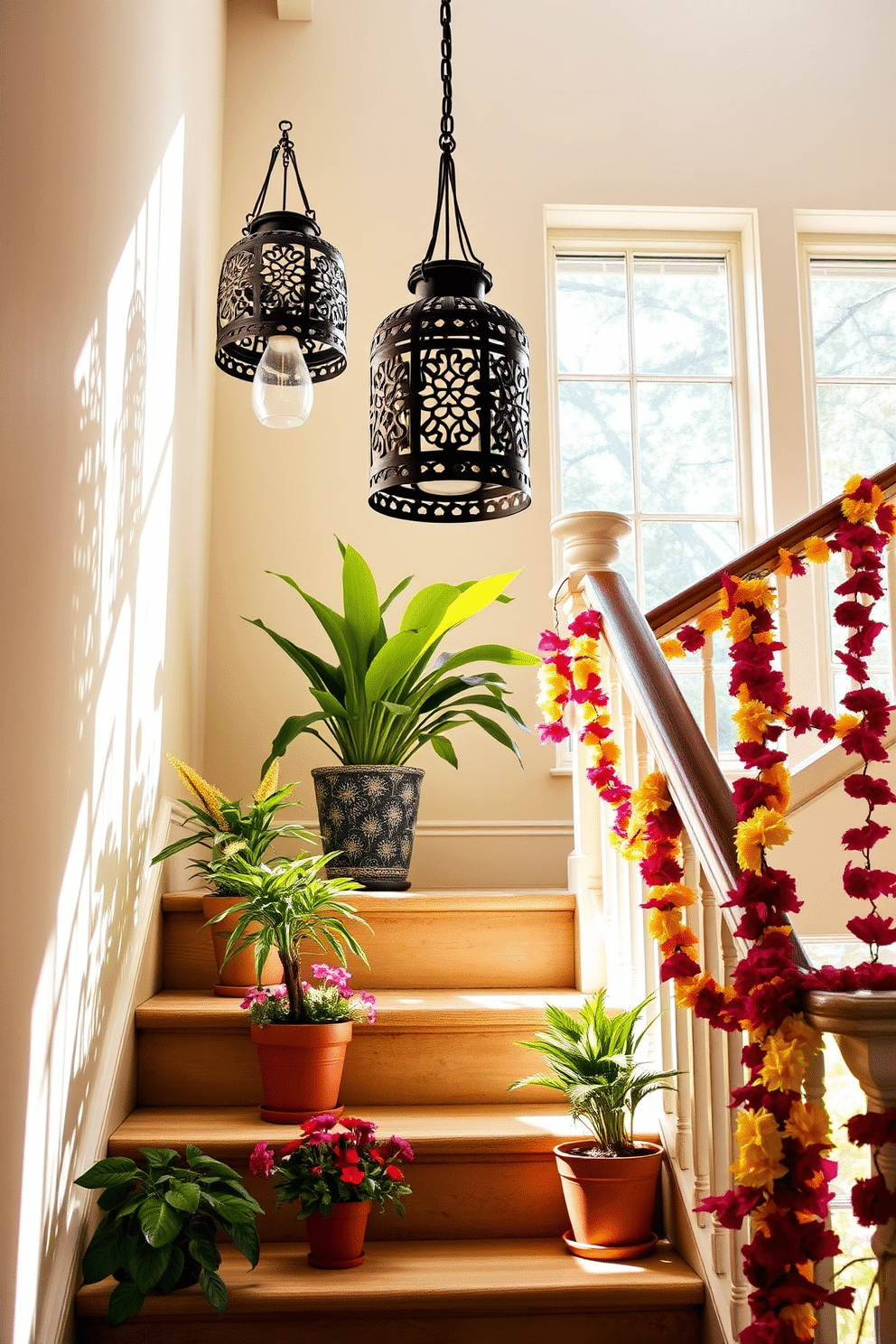 Hanging lanterns provide a warm and inviting ambiance to any space. These lanterns are crafted from wrought iron with intricate cut-out designs, casting beautiful shadows on the walls. For summer staircase decorating, consider using vibrant potted plants on each step. Accentuate the natural light with colorful garlands draped along the railing for a cheerful touch.