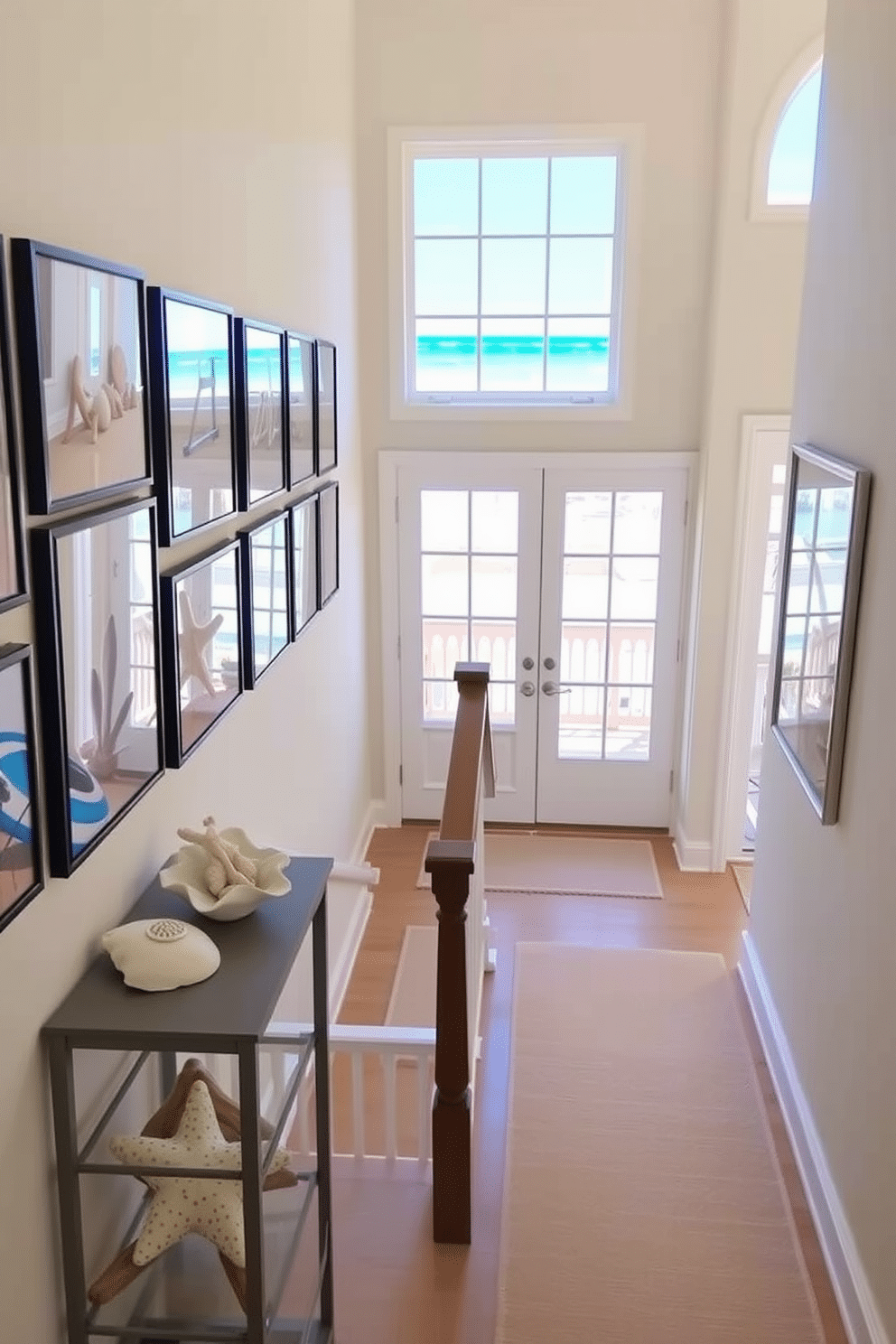 Framed beach photos line the walls of a bright and airy staircase, creating a cheerful and relaxed atmosphere. The photos feature vibrant coastal scenes, enhancing the home's connection to the beach and inviting natural light to flow through the space. Decorative accents such as seashells and driftwood are placed on the staircase landing, adding to the coastal theme. Soft, neutral-colored runner rugs are laid along the steps, providing comfort and style while complementing the beachy decor.