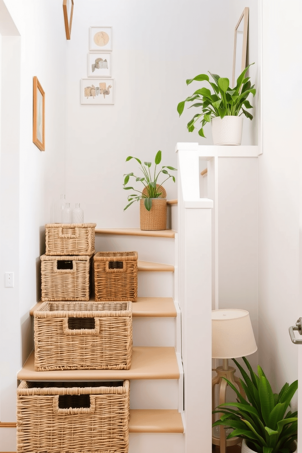 A bright and airy staircase adorned with woven baskets for storage solutions. The baskets are neatly arranged on each step, showcasing a mix of natural fibers and textures that complement the surrounding decor. Fresh greenery in the form of potted plants is placed on the landing, enhancing the summer vibe. Soft, light-colored decor items are scattered along the staircase railing, creating a welcoming and relaxed atmosphere.