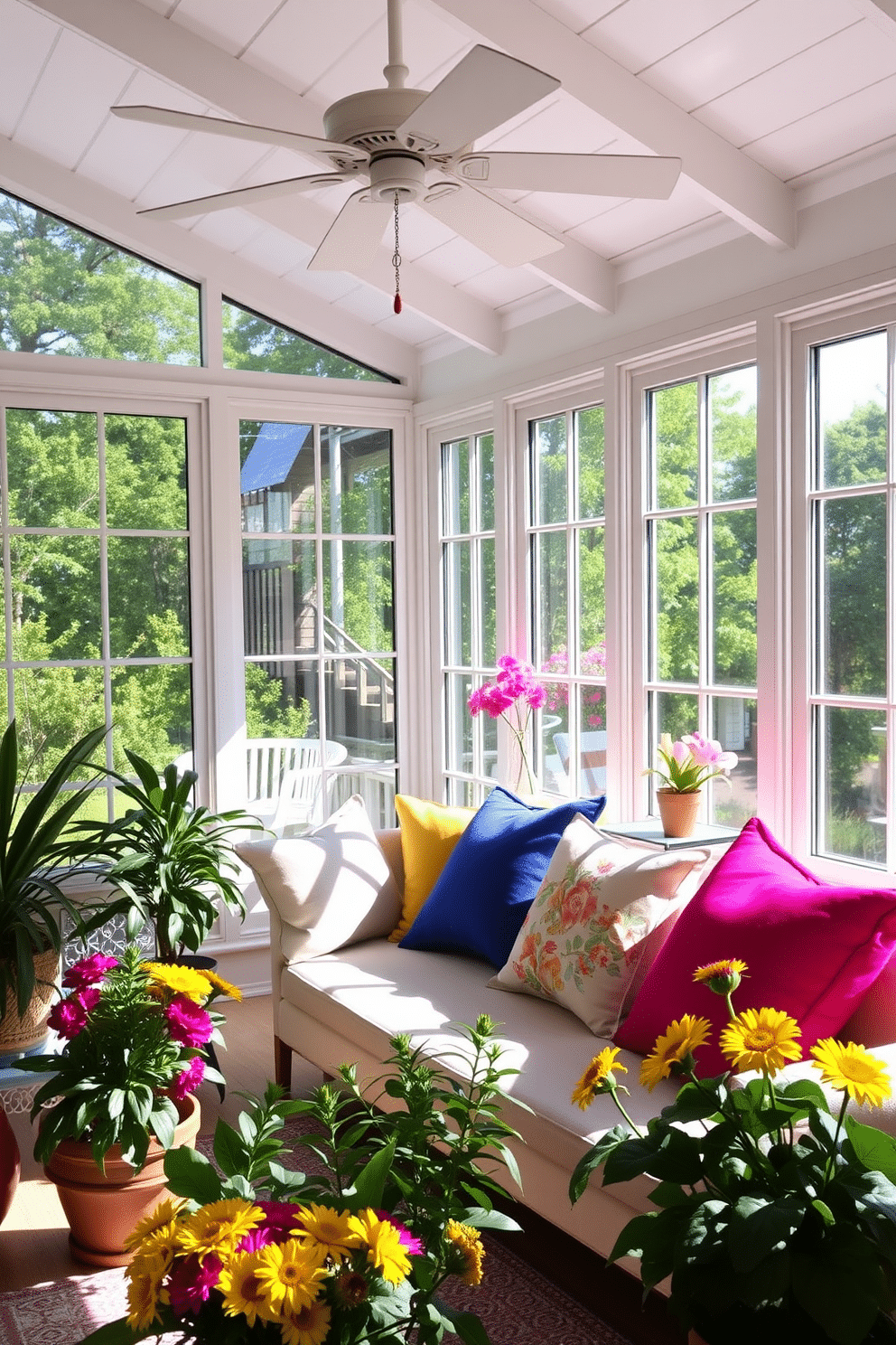 A bright and airy sunroom filled with natural light. The space features a comfortable seating area with a soft sofa adorned with colorful throw pillows in vibrant hues. Large windows allow the sunshine to stream in, creating a warm and inviting atmosphere. Potted plants and fresh flowers add a touch of nature, enhancing the cheerful summer vibe.