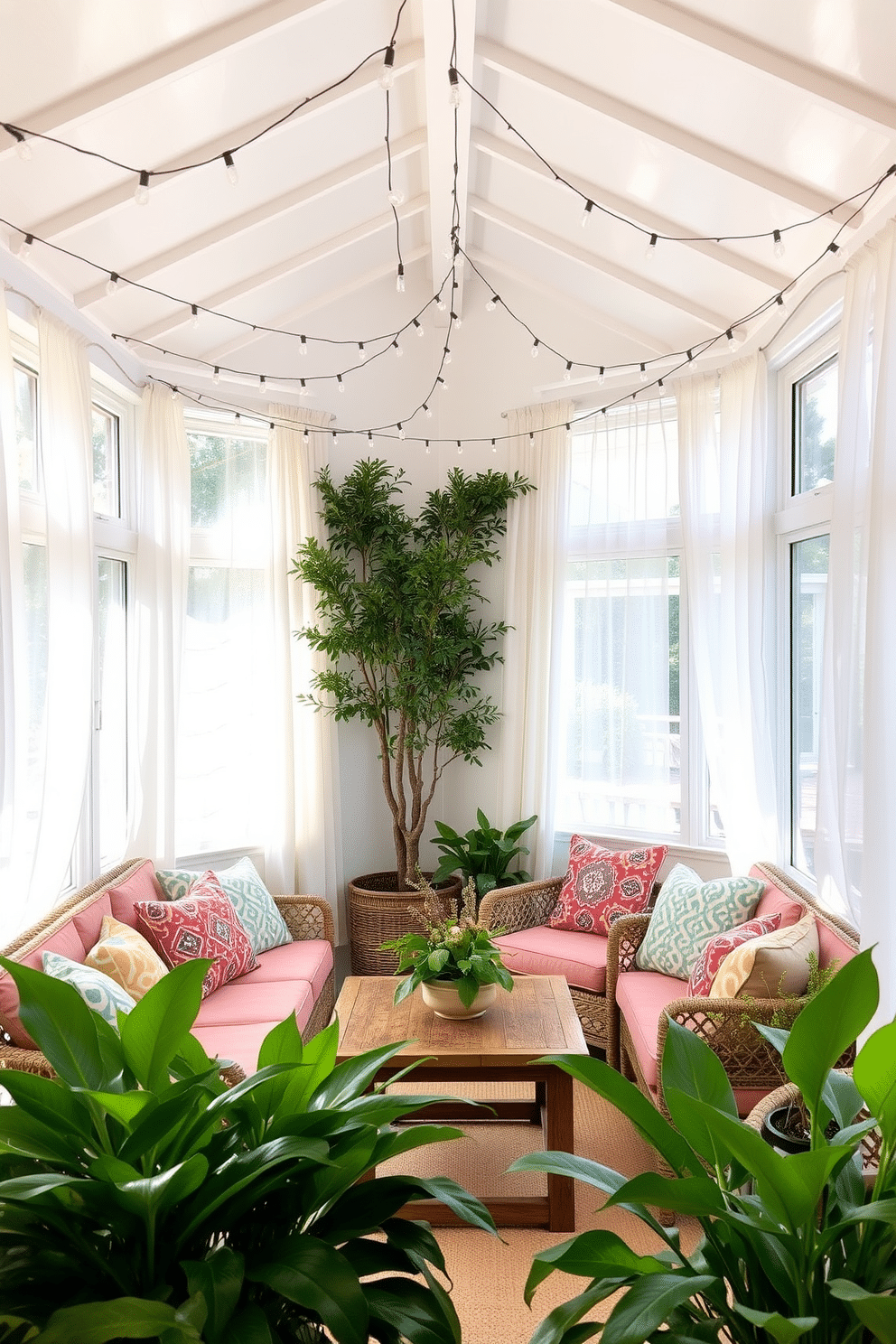 A bright summer sunroom filled with natural light. The space features comfortable seating with colorful cushions and a large coffee table surrounded by lush green plants. Hang string lights across the ceiling to create a warm evening ambiance. The walls are adorned with light, airy curtains that flutter gently with the breeze.