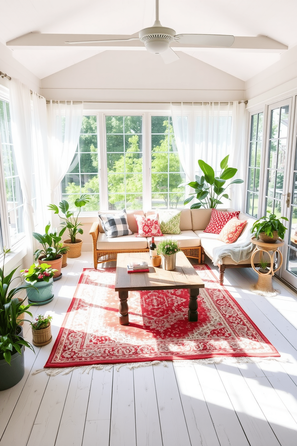 A bright and airy summer sunroom filled with natural light. The space features large windows draped with sheer white curtains, allowing sunlight to filter in softly. A comfortable seating area includes a plush sectional sofa adorned with colorful throw pillows. In the center, a vintage rug adds warmth and texture, complementing the light wooden floor. A rustic coffee table sits atop the rug, providing a perfect spot for drinks and snacks. Potted plants in various sizes are arranged around the room, bringing a touch of greenery and life to the decor.