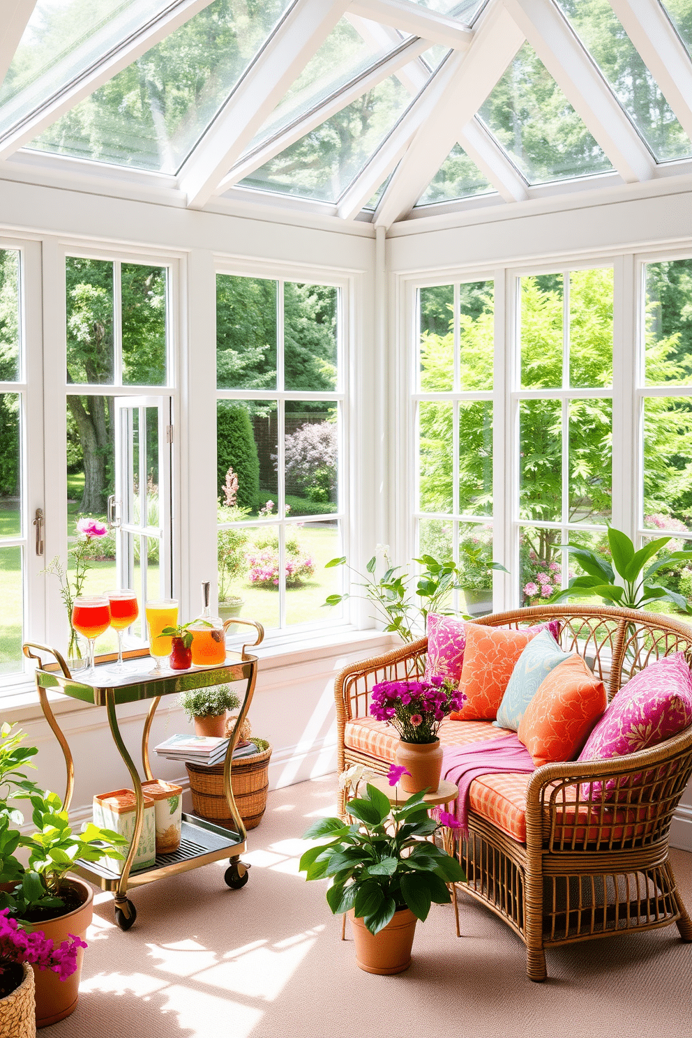 A bright and airy sunroom filled with natural light, featuring large windows that open to a lush garden. In one corner, a stylish small bar cart adorned with elegant glassware and colorful summer drinks adds a touch of sophistication. The seating area includes a comfortable rattan sofa with vibrant cushions, complemented by a pair of matching armchairs. Potted plants and fresh flowers are scattered throughout, enhancing the cheerful and inviting atmosphere of the space.