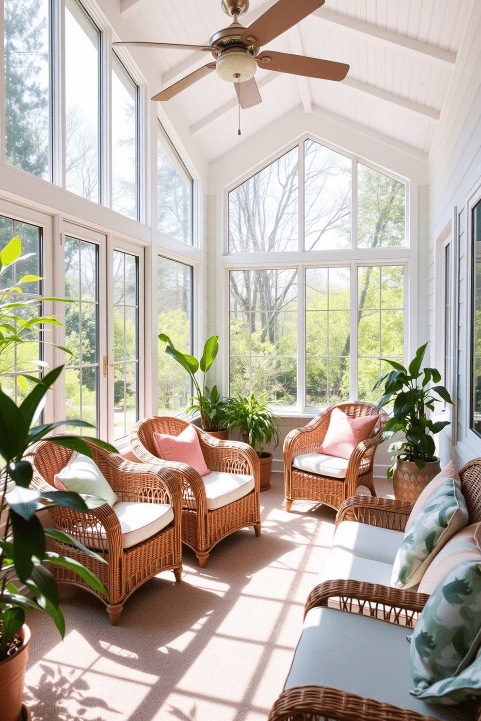 A bright and airy sunroom filled with natural light. The space features wicker furniture with soft, colorful cushions, creating a relaxed and inviting atmosphere. Large windows allow the sunlight to flood in, enhancing the cheerful ambiance. Potted plants are strategically placed around the room, adding a touch of greenery and freshness.